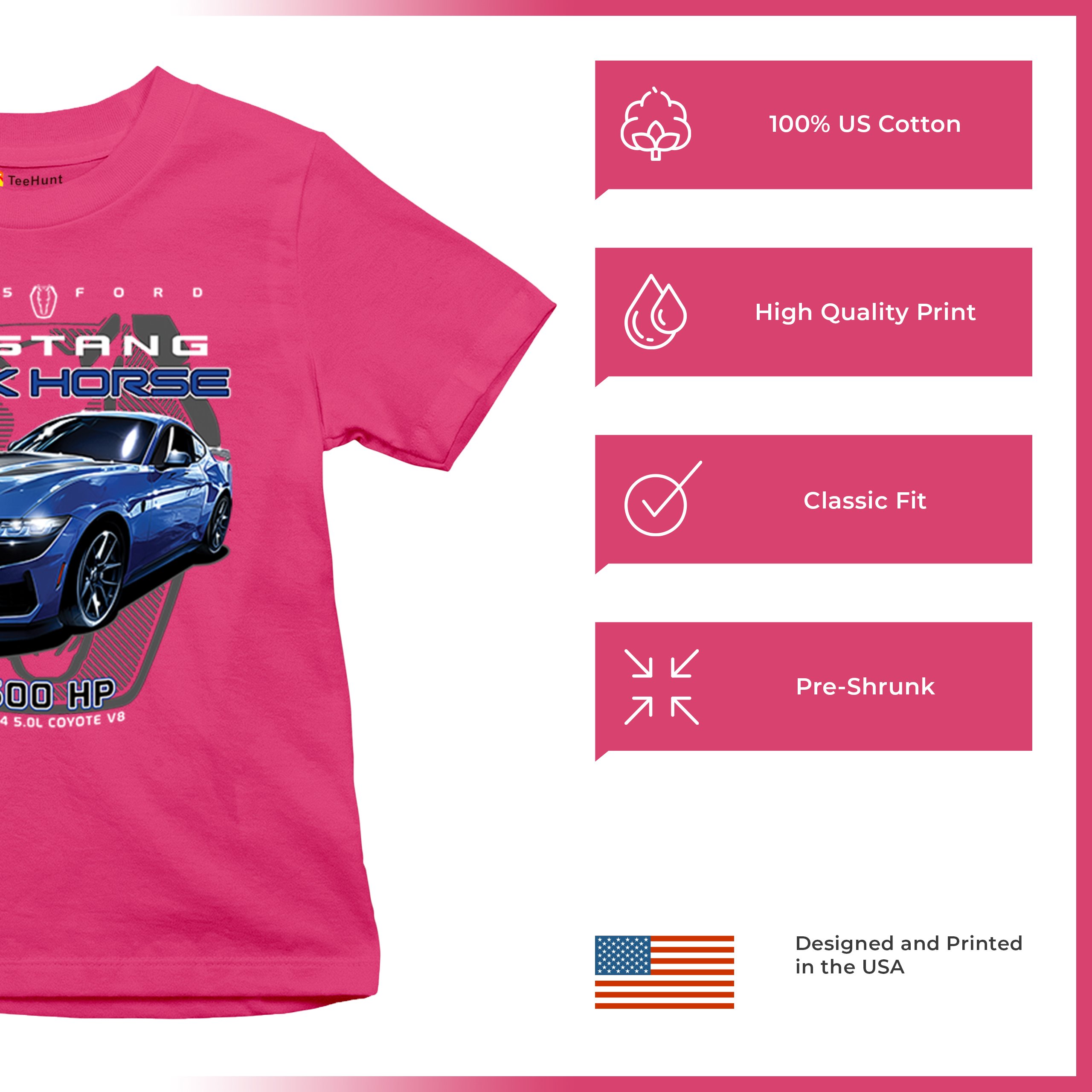 25 Ford Mustang Dark Horse Youth T-shirt 500 HP American Muscle Car V8 GT Kids - Picture 35 of 36