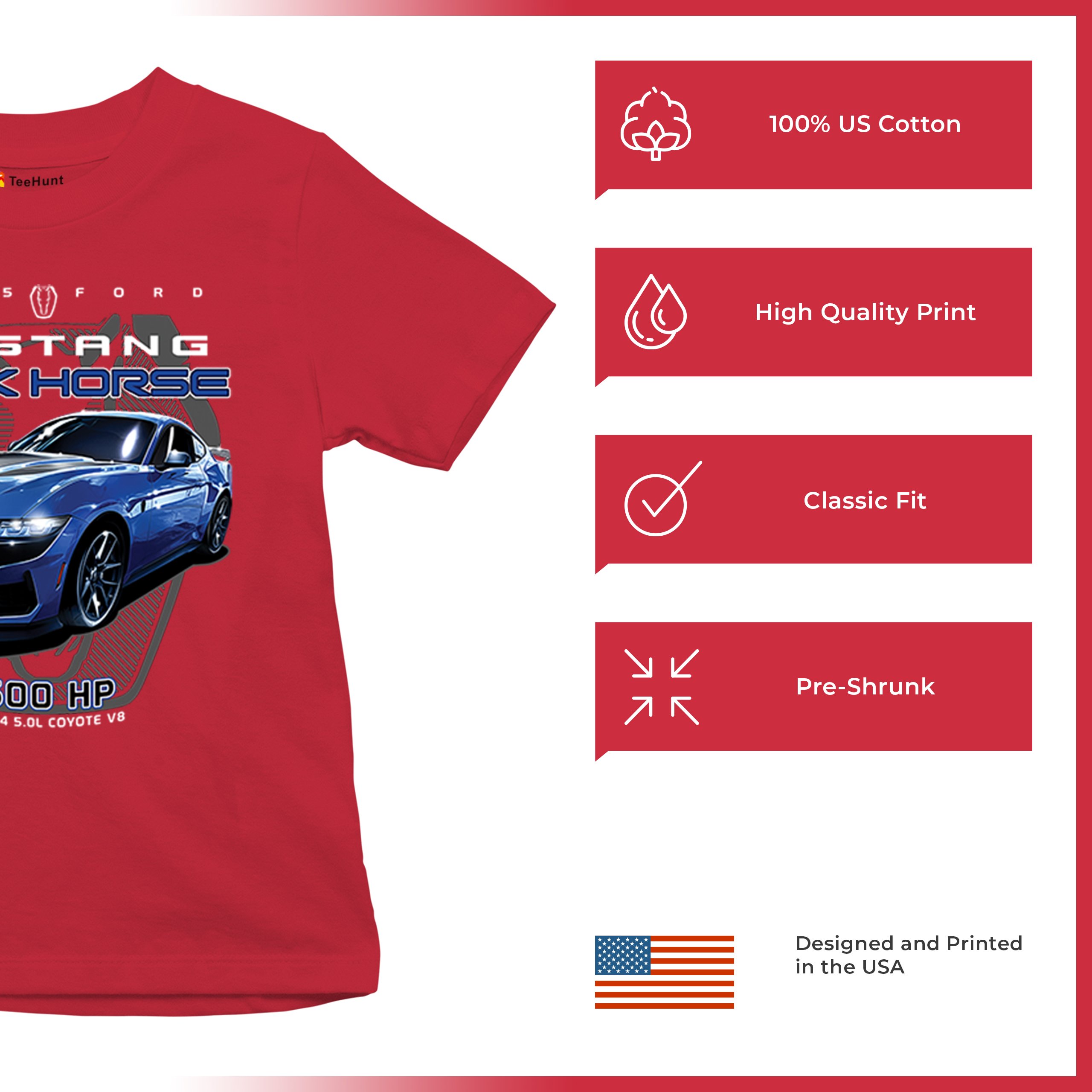 25 Ford Mustang Dark Horse Youth T-shirt 500 HP American Muscle Car V8 GT Kids - Picture 14 of 36