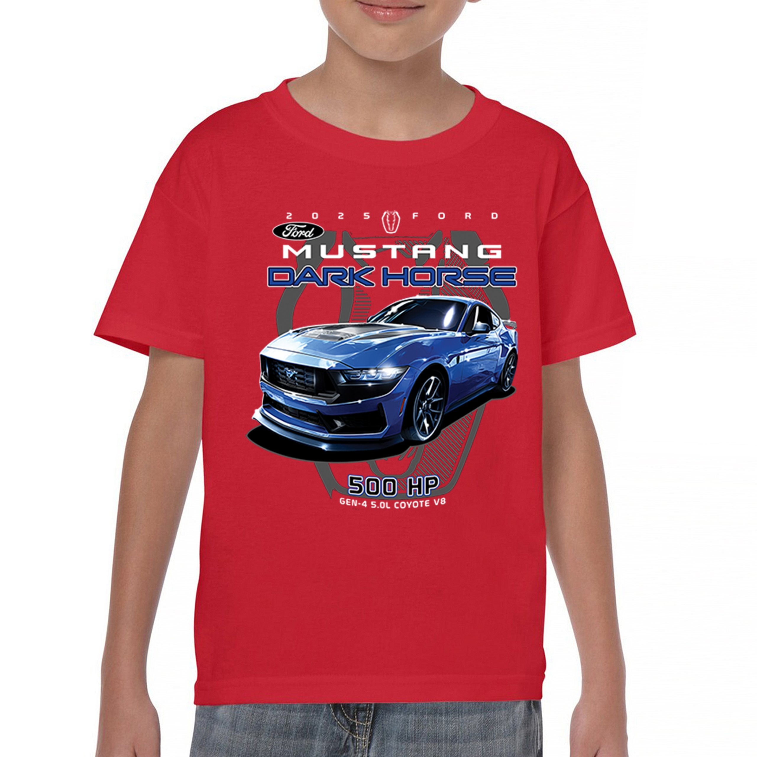 25 Ford Mustang Dark Horse Youth T-shirt 500 HP American Muscle Car V8 GT Kids - Picture 9 of 36