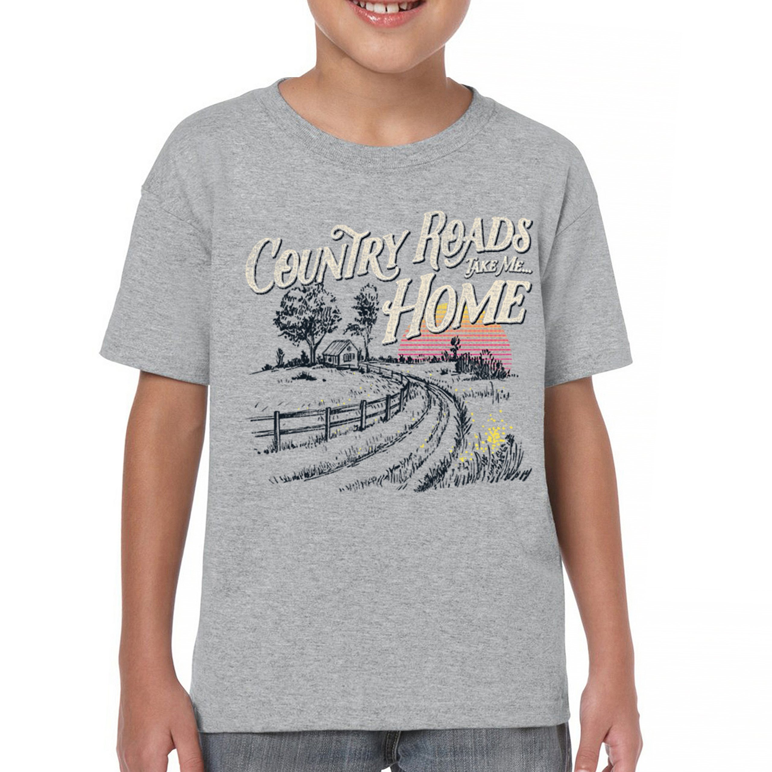 Country Roads Take Me Home Youth T-shirt Vintage Music Festival Sunset Kids - Picture 2 of 36