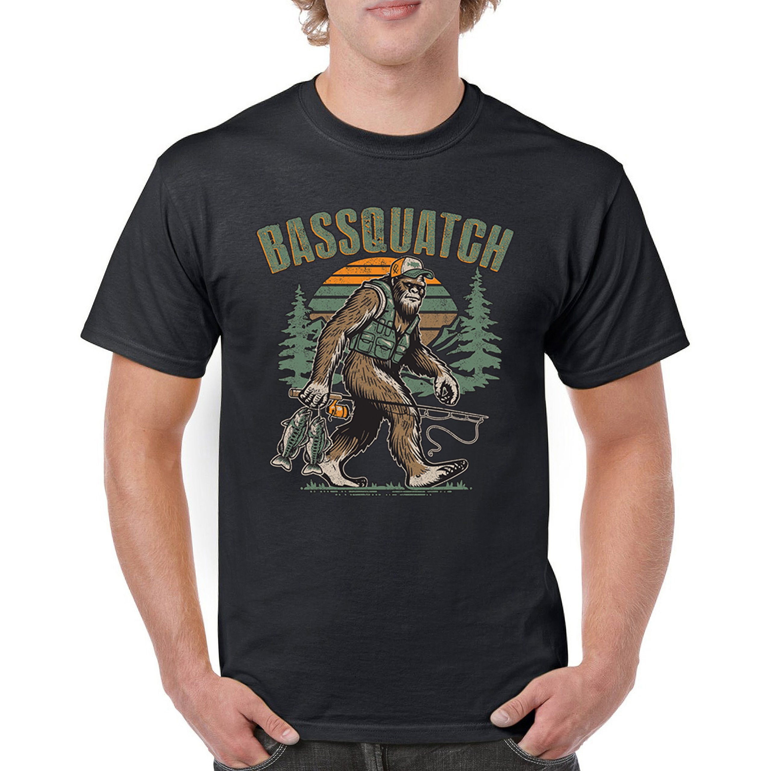 Bassquatch Bigfoot Fishing T-shirt Funny Sasquatch Camping 4th July Men’s Tee