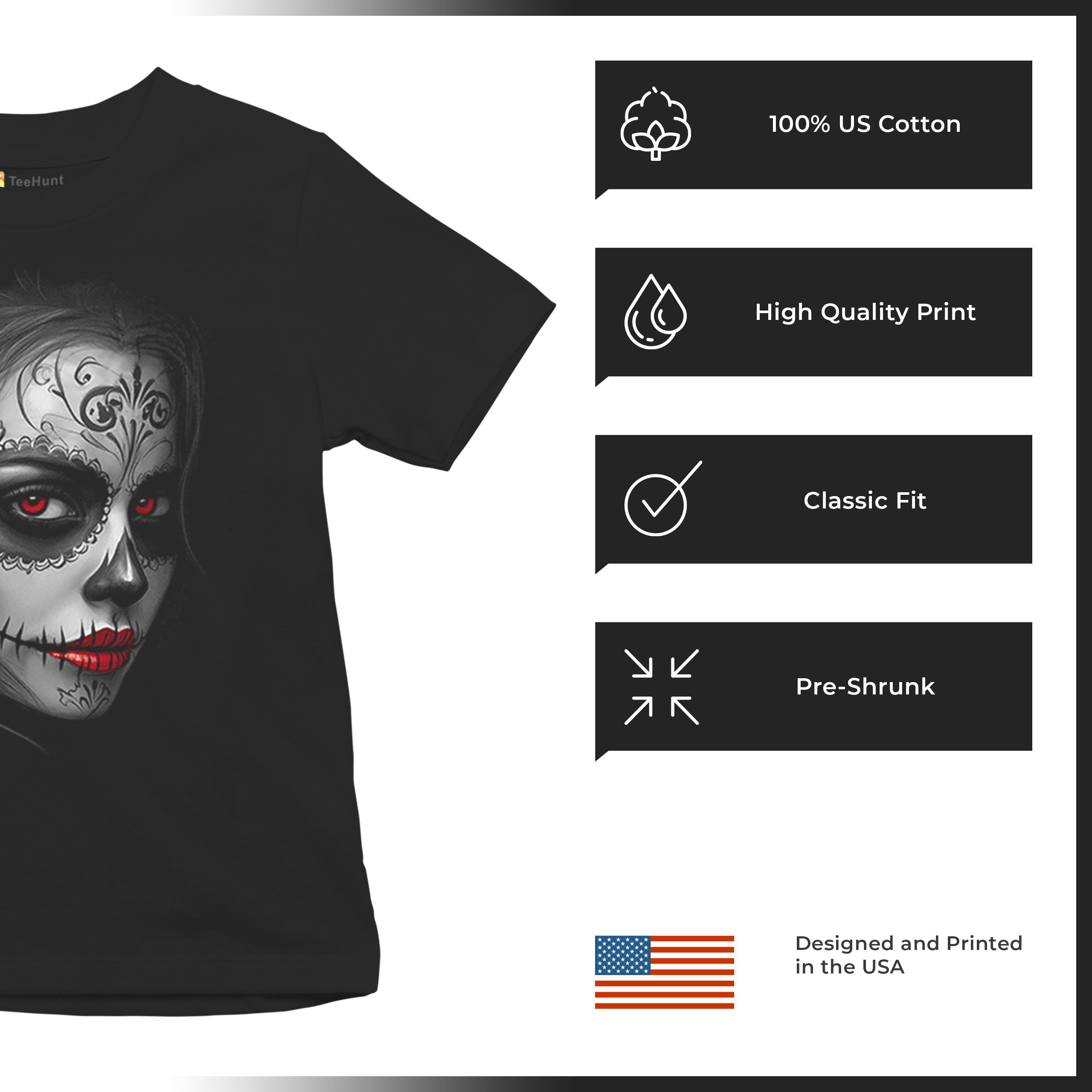 Sugar Skull Portrait Youth T-shirt Gothic Beauty Red Lips Day of the Dead Kids - Picture 7 of 50
