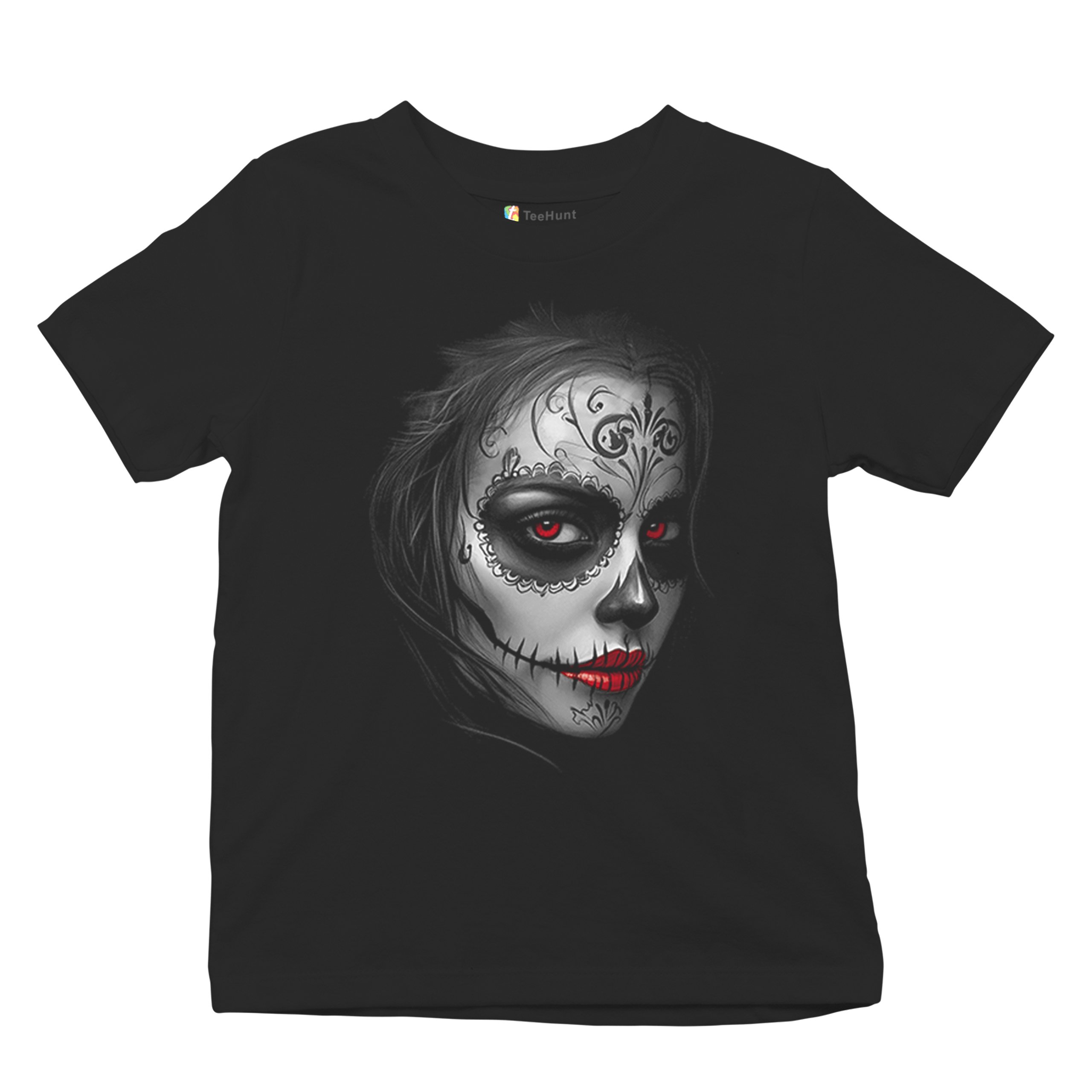 Sugar Skull Portrait Youth T-shirt Gothic Beauty Red Lips Day of the Dead Kids - Picture 6 of 50