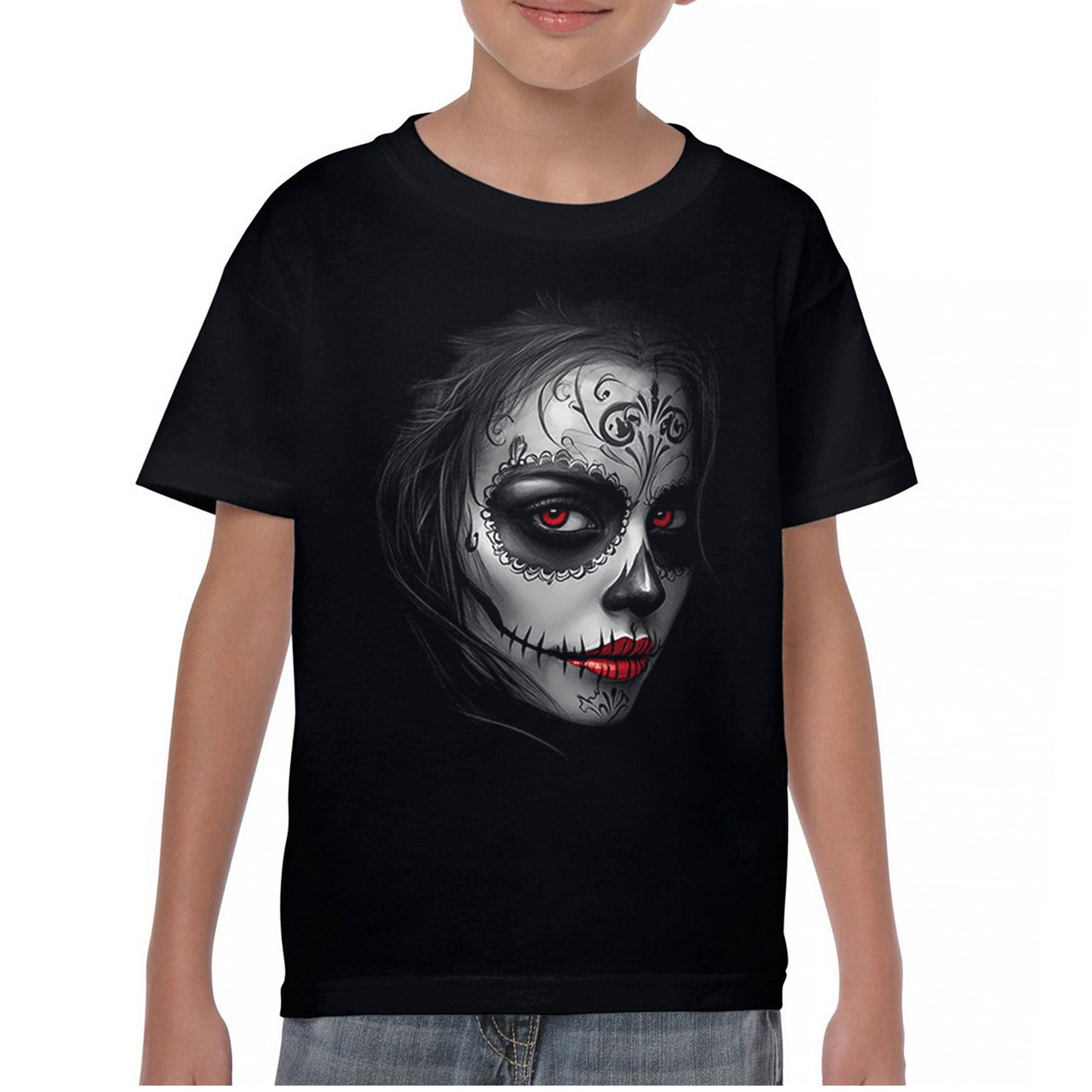 Sugar Skull Portrait Youth T-shirt Gothic Beauty Red Lips Day of the Dead Kids - Picture 2 of 50