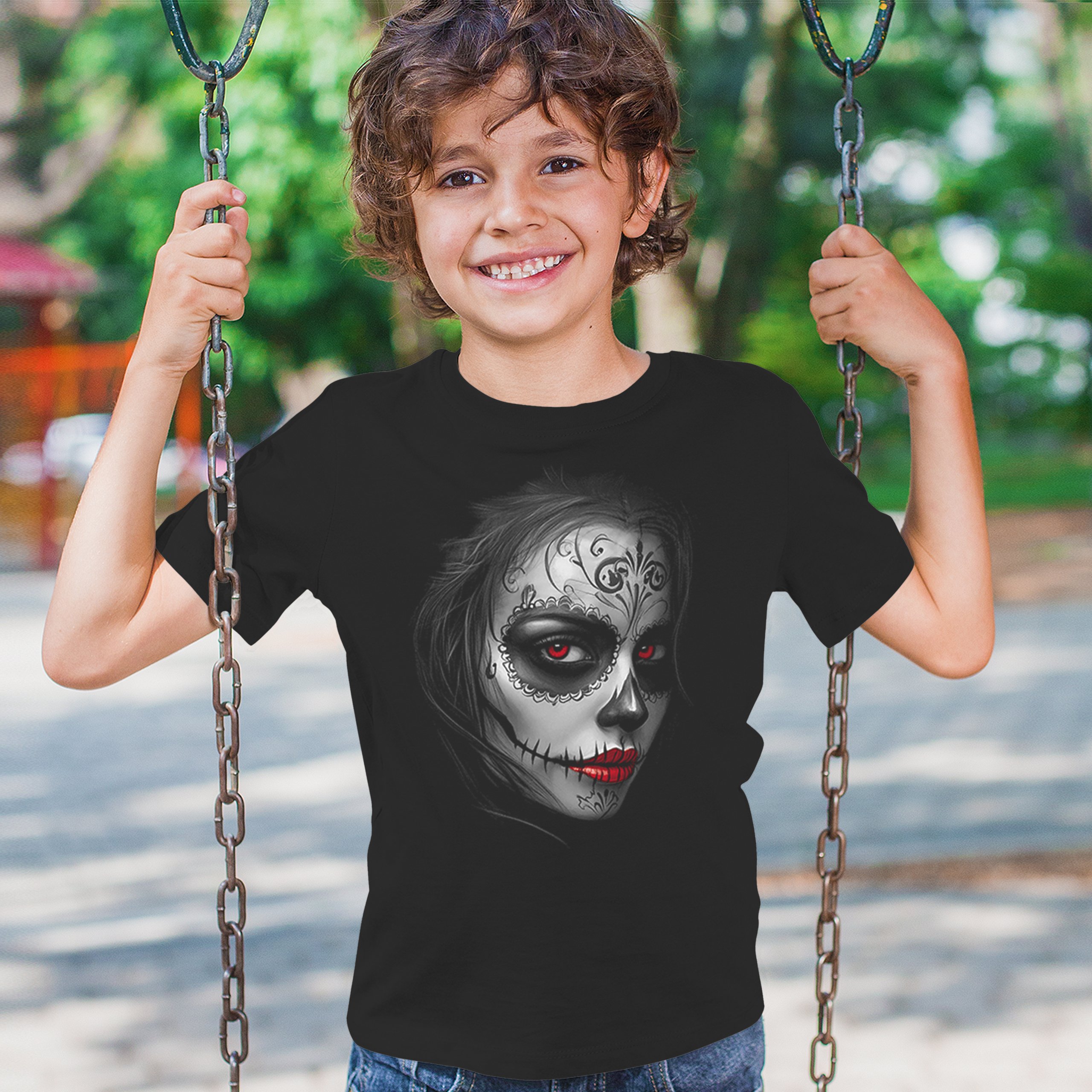 Sugar Skull Portrait Youth T-shirt Gothic Beauty Red Lips Day of the Dead Kids - Picture 5 of 50