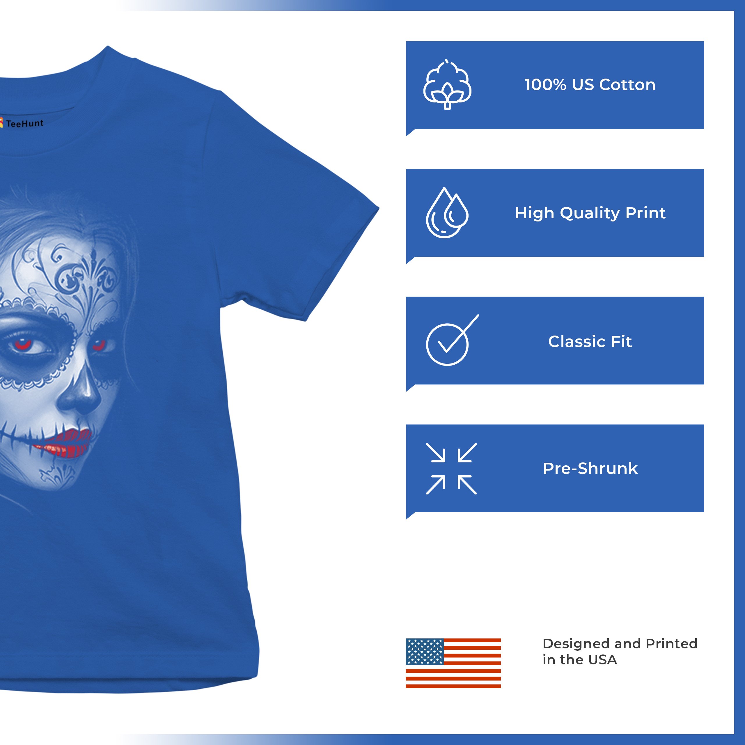 Sugar Skull Portrait Youth T-shirt Gothic Beauty Red Lips Day of the Dead Kids - Picture 42 of 50