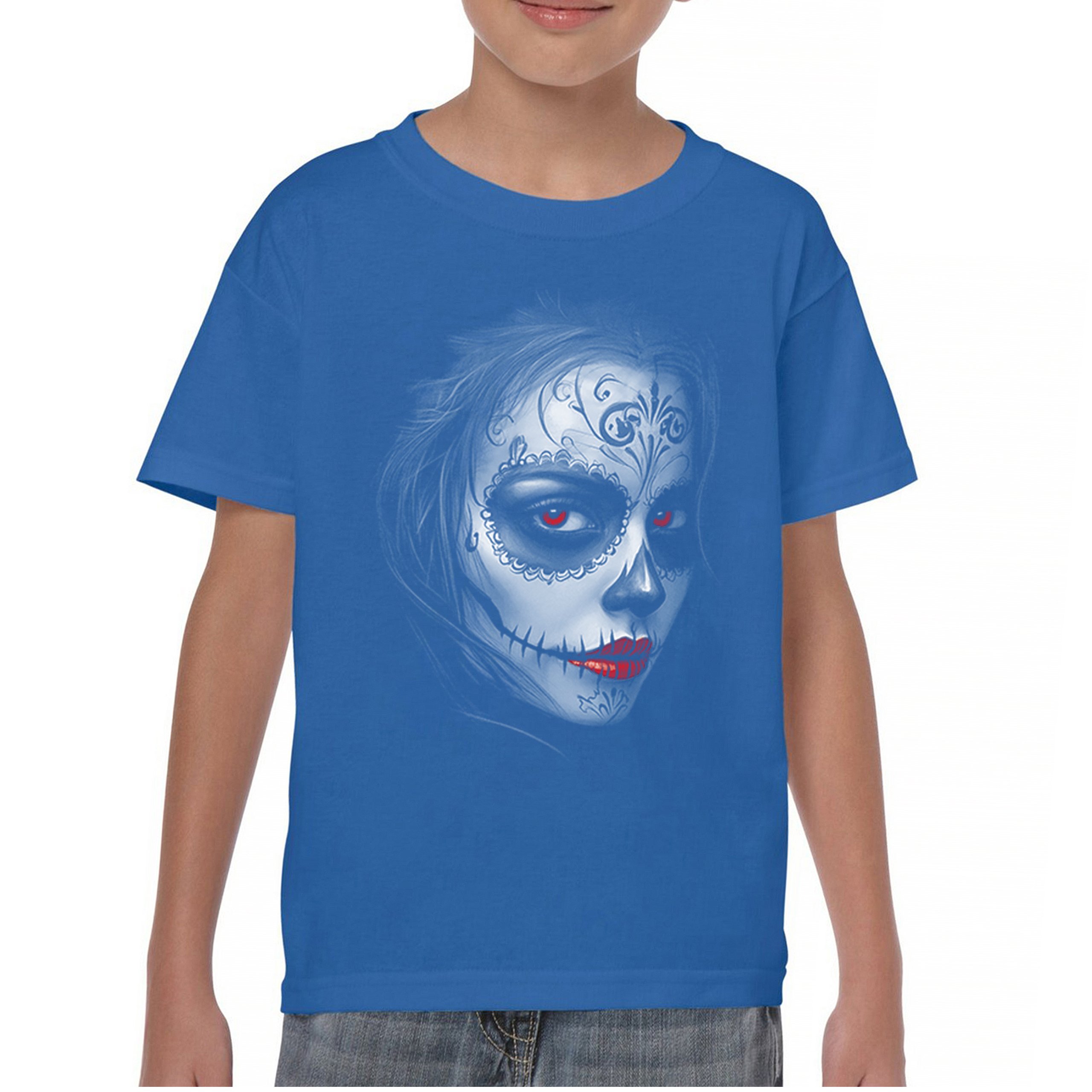 Sugar Skull Portrait Youth T-shirt Gothic Beauty Red Lips Day of the Dead Kids - Picture 37 of 50