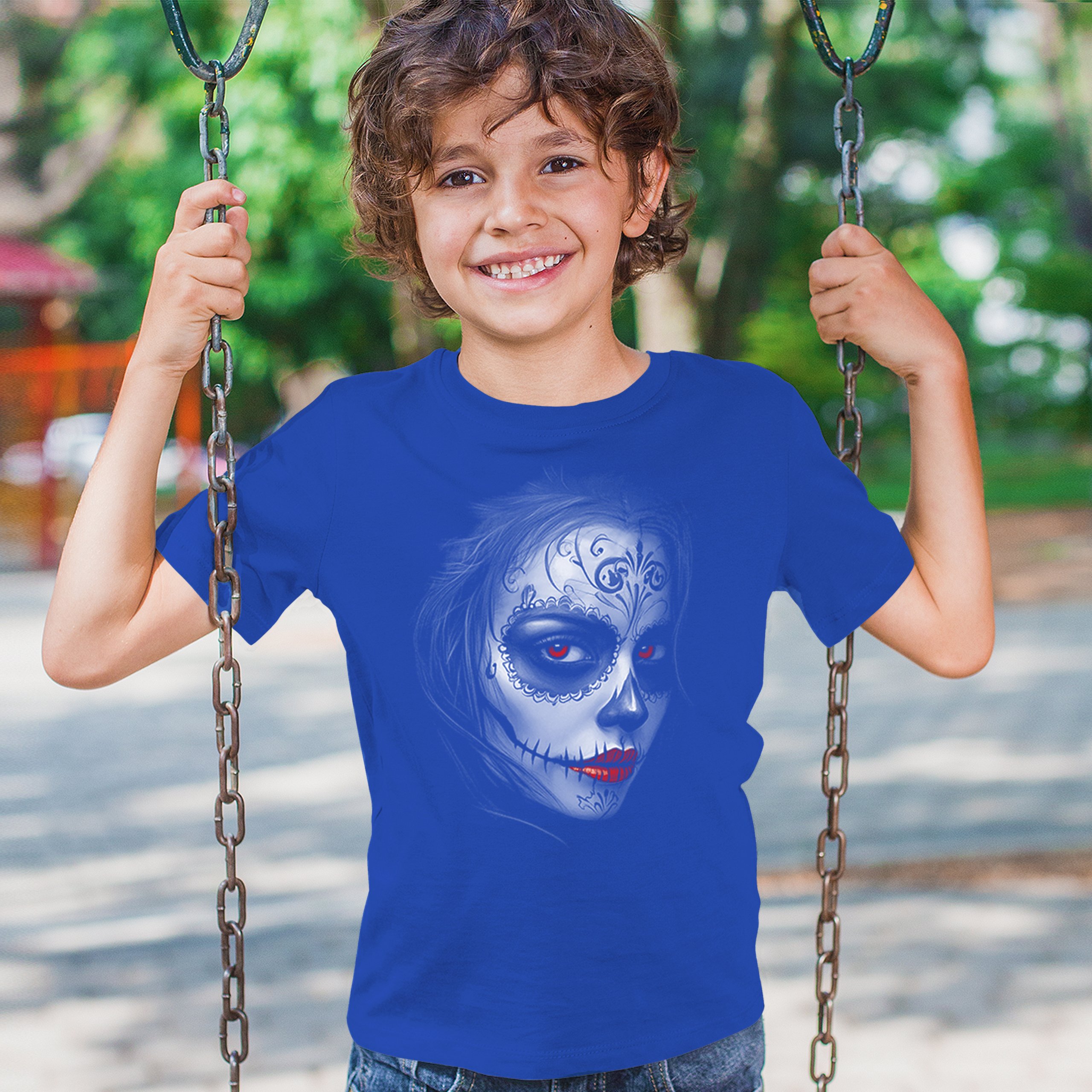Sugar Skull Portrait Youth T-shirt Gothic Beauty Red Lips Day of the Dead Kids - Picture 40 of 50