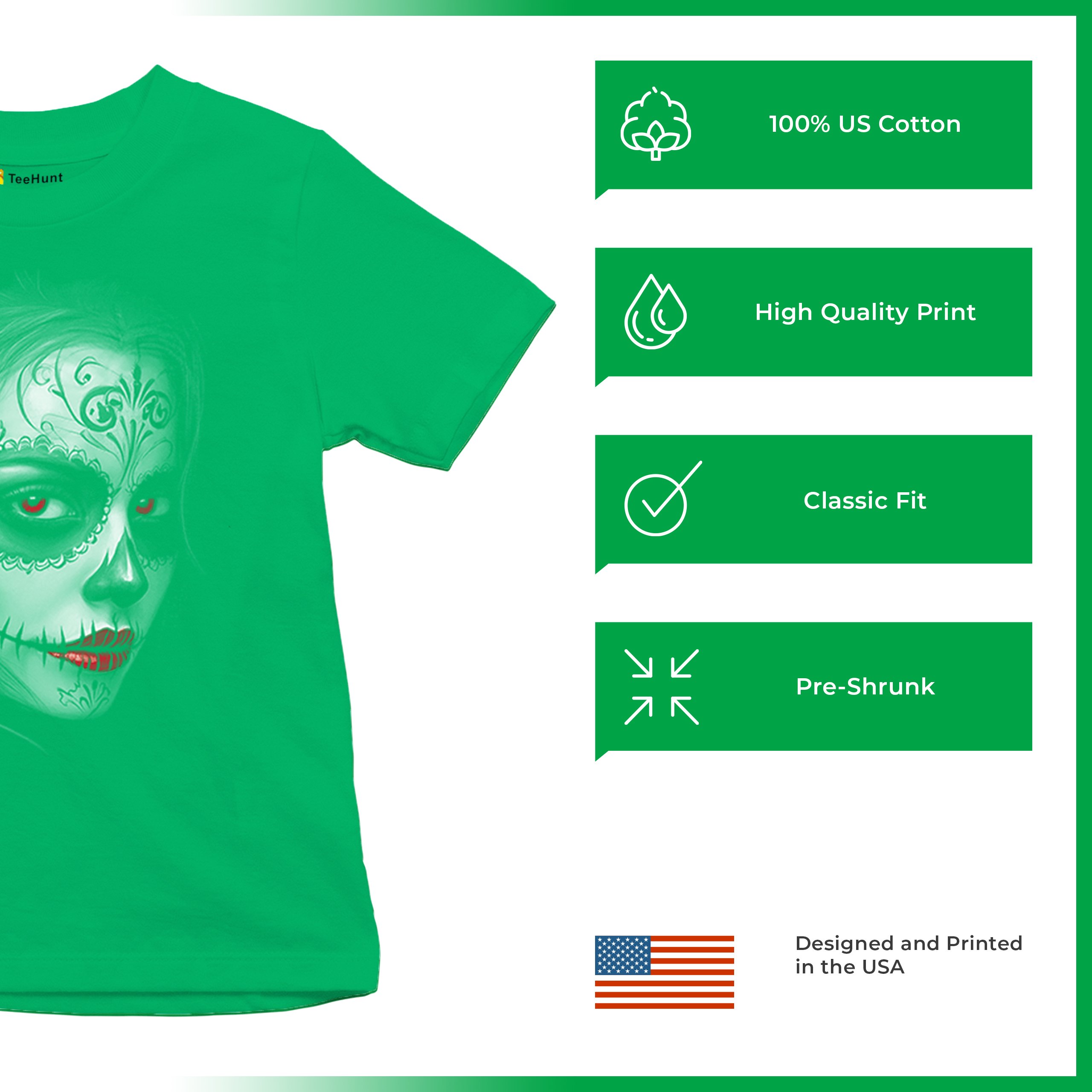 Sugar Skull Portrait Youth T-shirt Gothic Beauty Red Lips Day of the Dead Kids - Picture 35 of 50