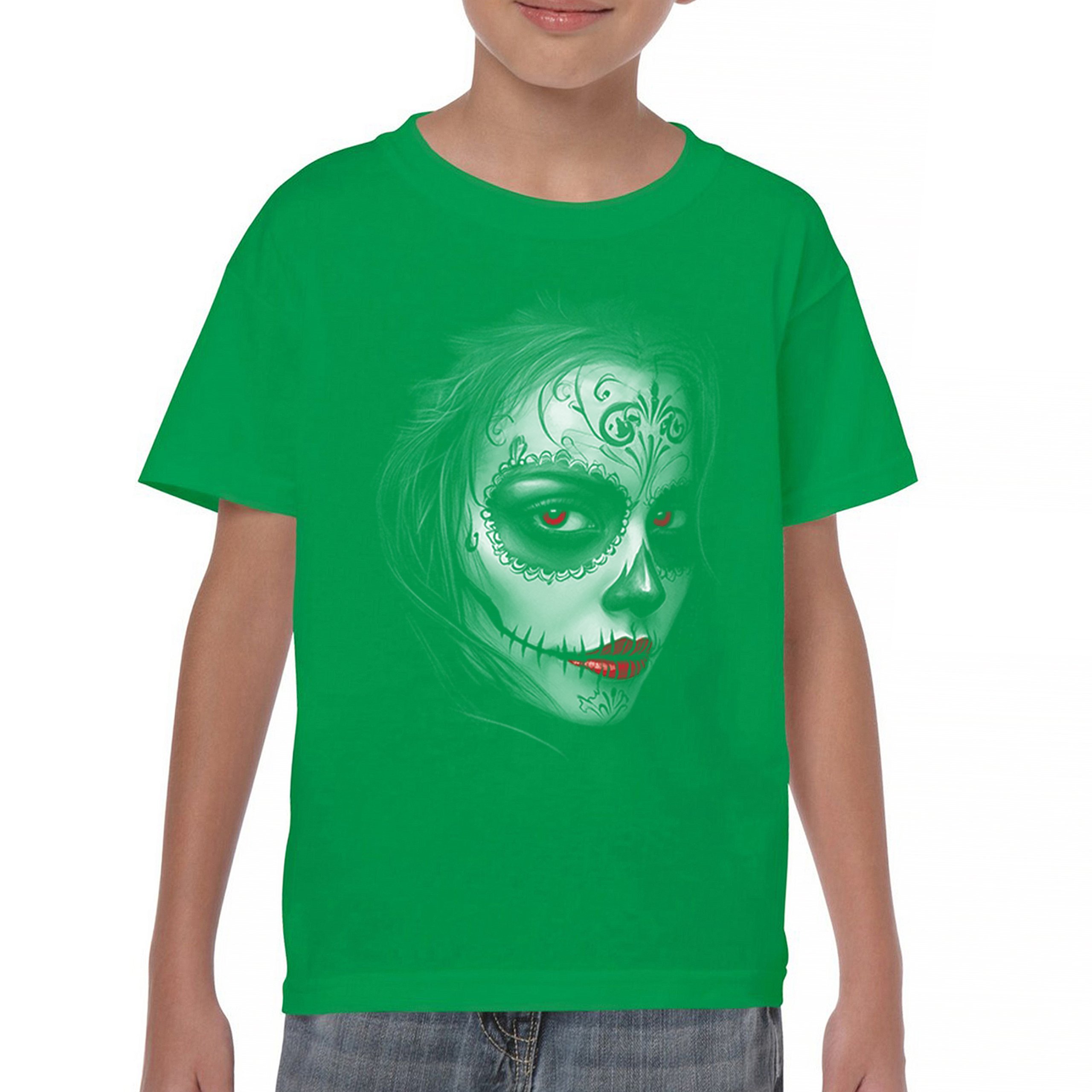Sugar Skull Portrait Youth T-shirt Gothic Beauty Red Lips Day of the Dead Kids - Picture 30 of 50
