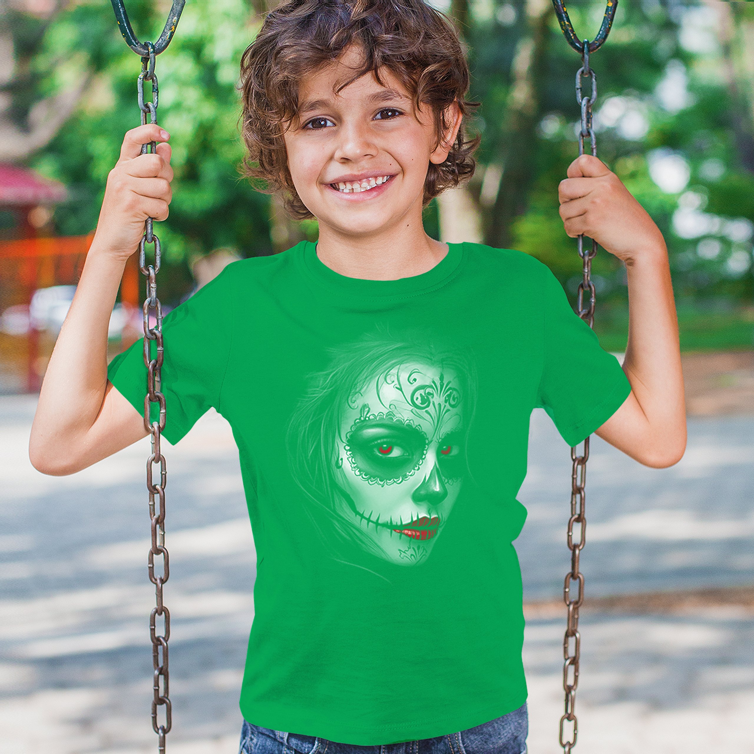 Sugar Skull Portrait Youth T-shirt Gothic Beauty Red Lips Day of the Dead Kids - Picture 33 of 50