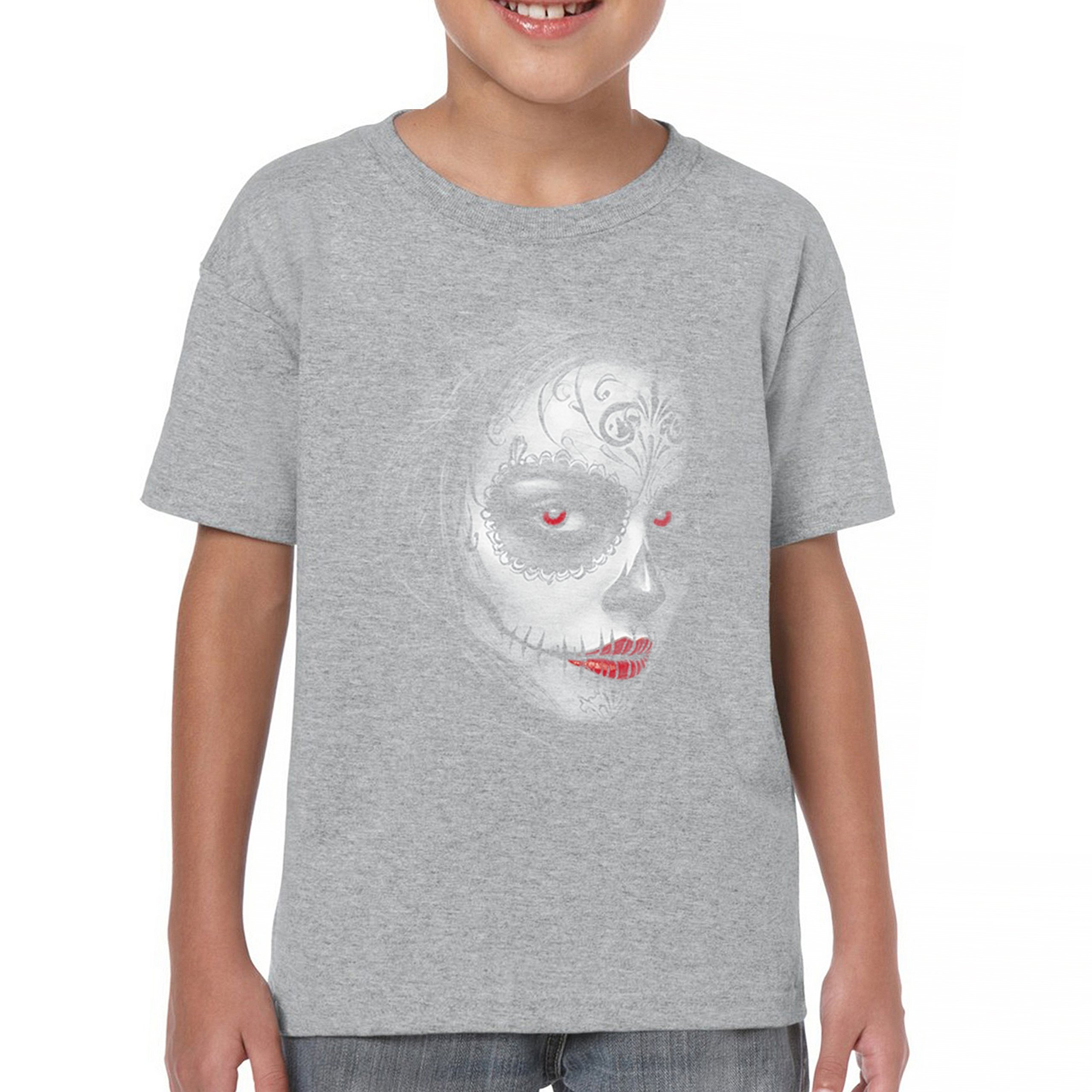 Sugar Skull Portrait Youth T-shirt Gothic Beauty Red Lips Day of the Dead Kids - Picture 9 of 50