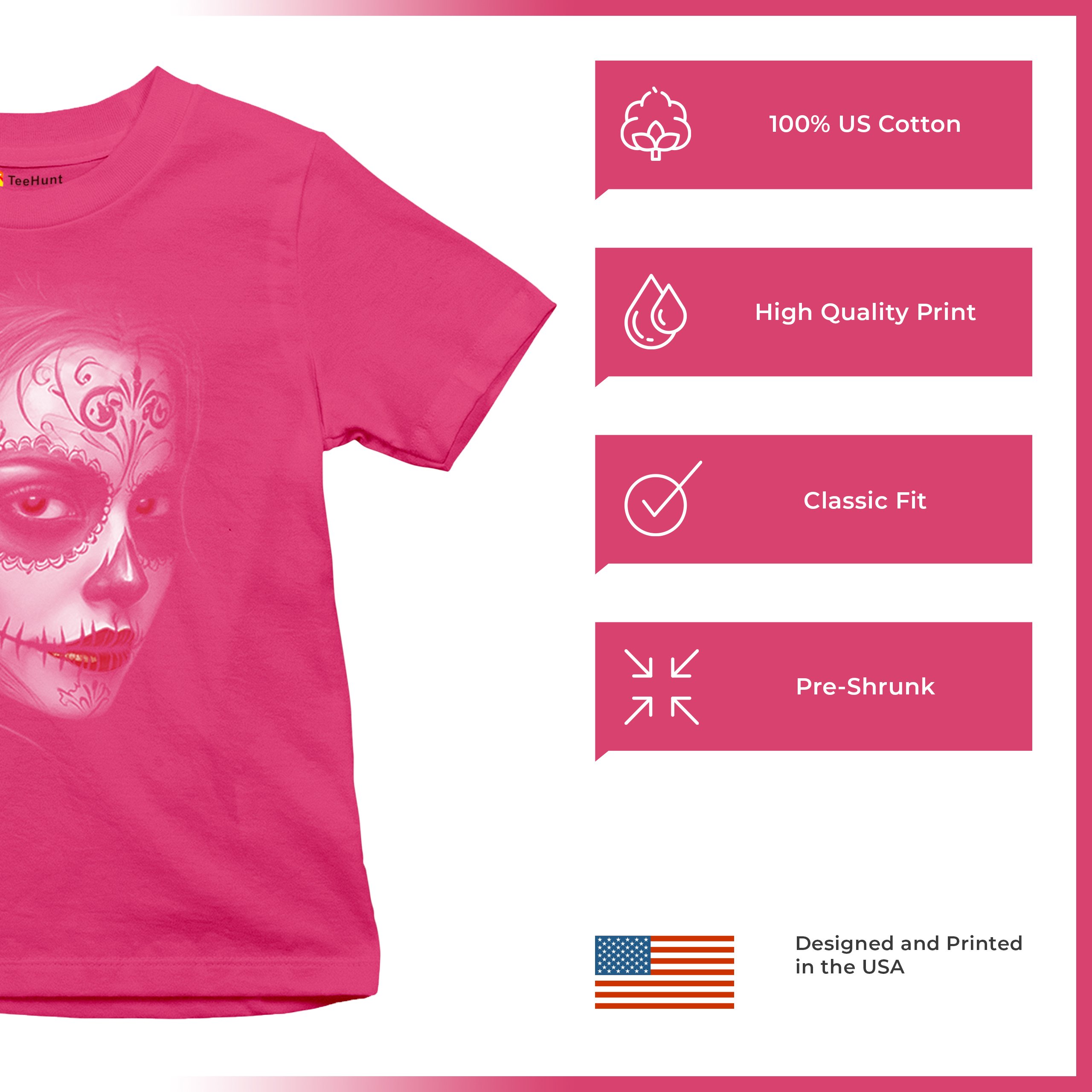 Sugar Skull Portrait Youth T-shirt Gothic Beauty Red Lips Day of the Dead Kids - Picture 49 of 50