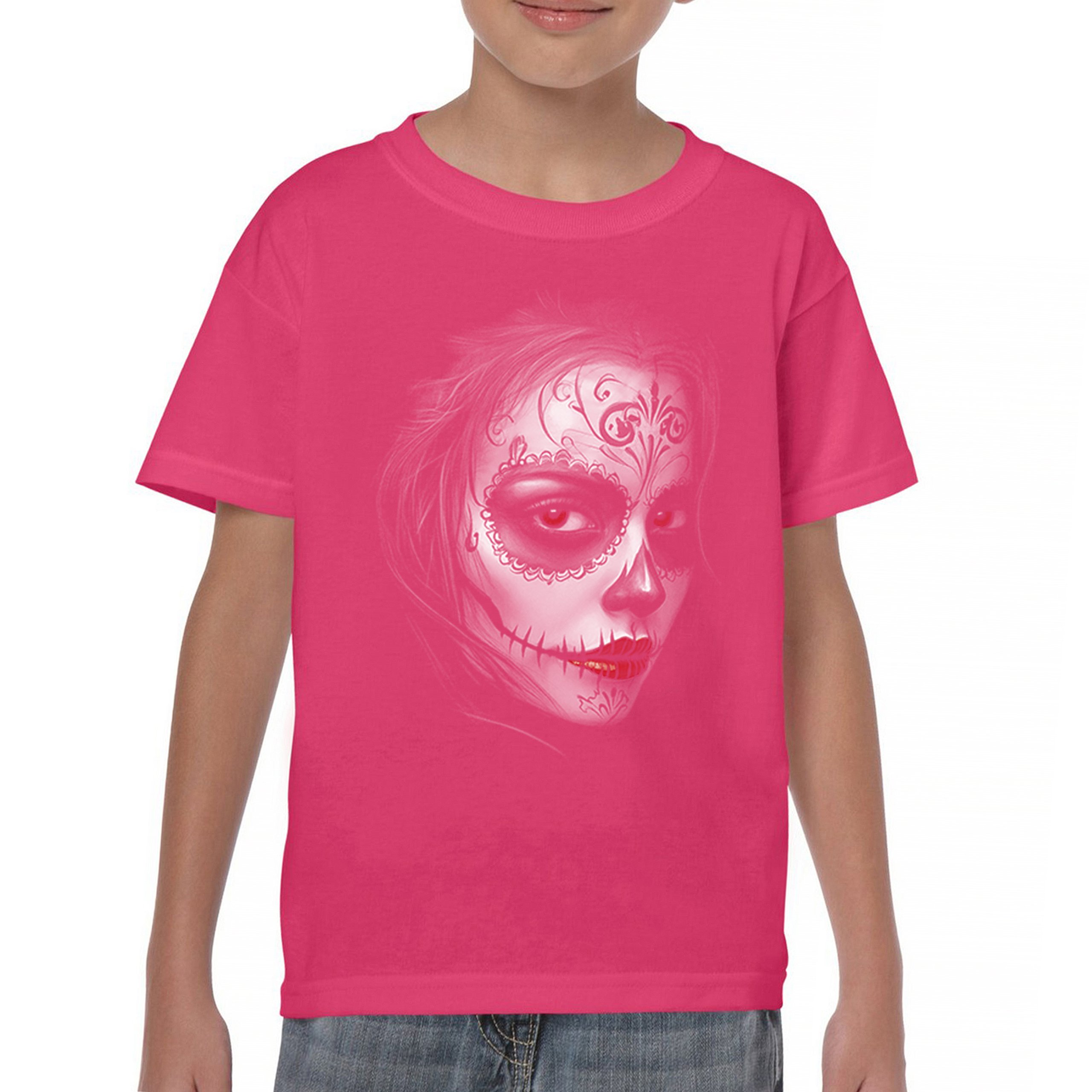 Sugar Skull Portrait Youth T-shirt Gothic Beauty Red Lips Day of the Dead Kids - Picture 44 of 50