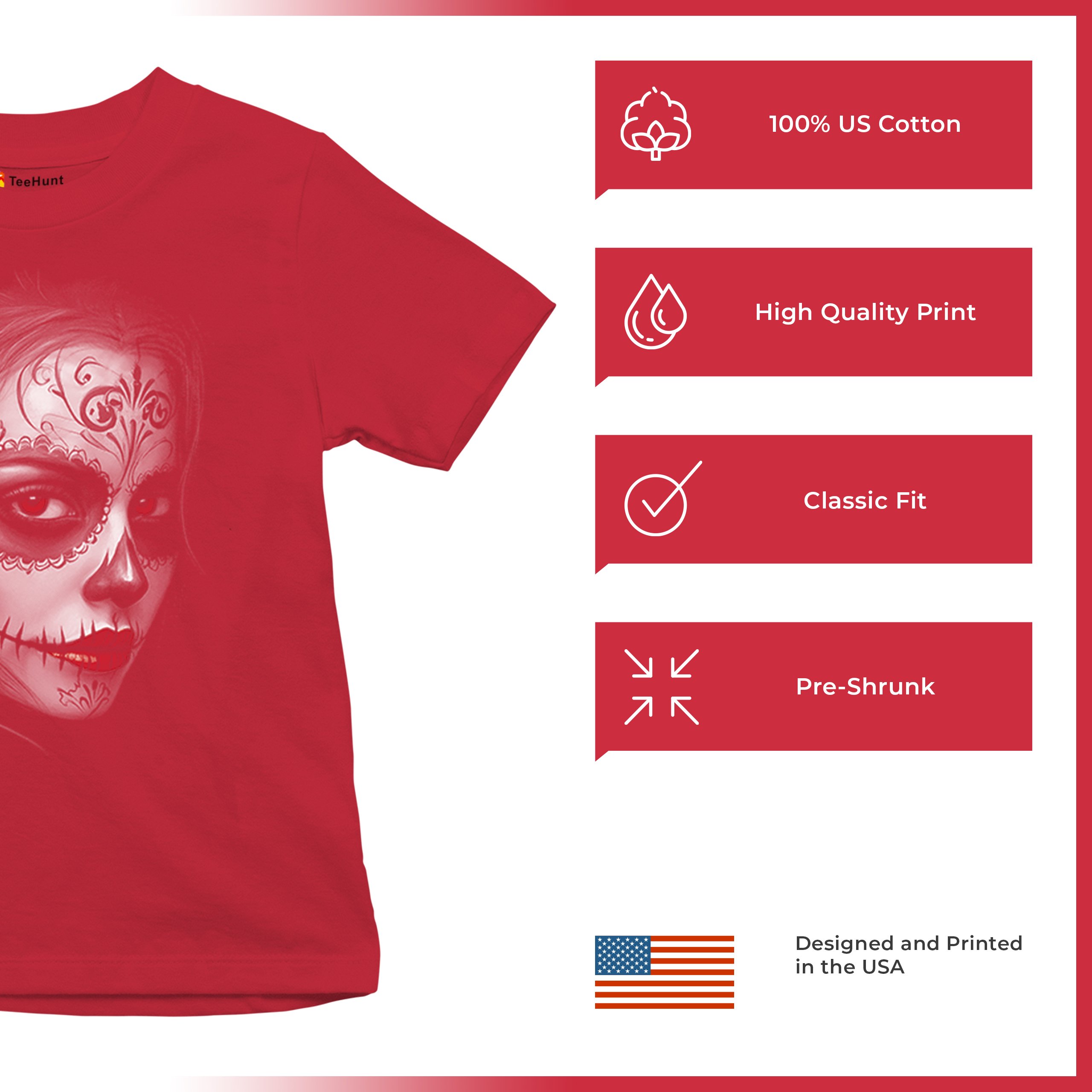 Sugar Skull Portrait Youth T-shirt Gothic Beauty Red Lips Day of the Dead Kids - Picture 21 of 50