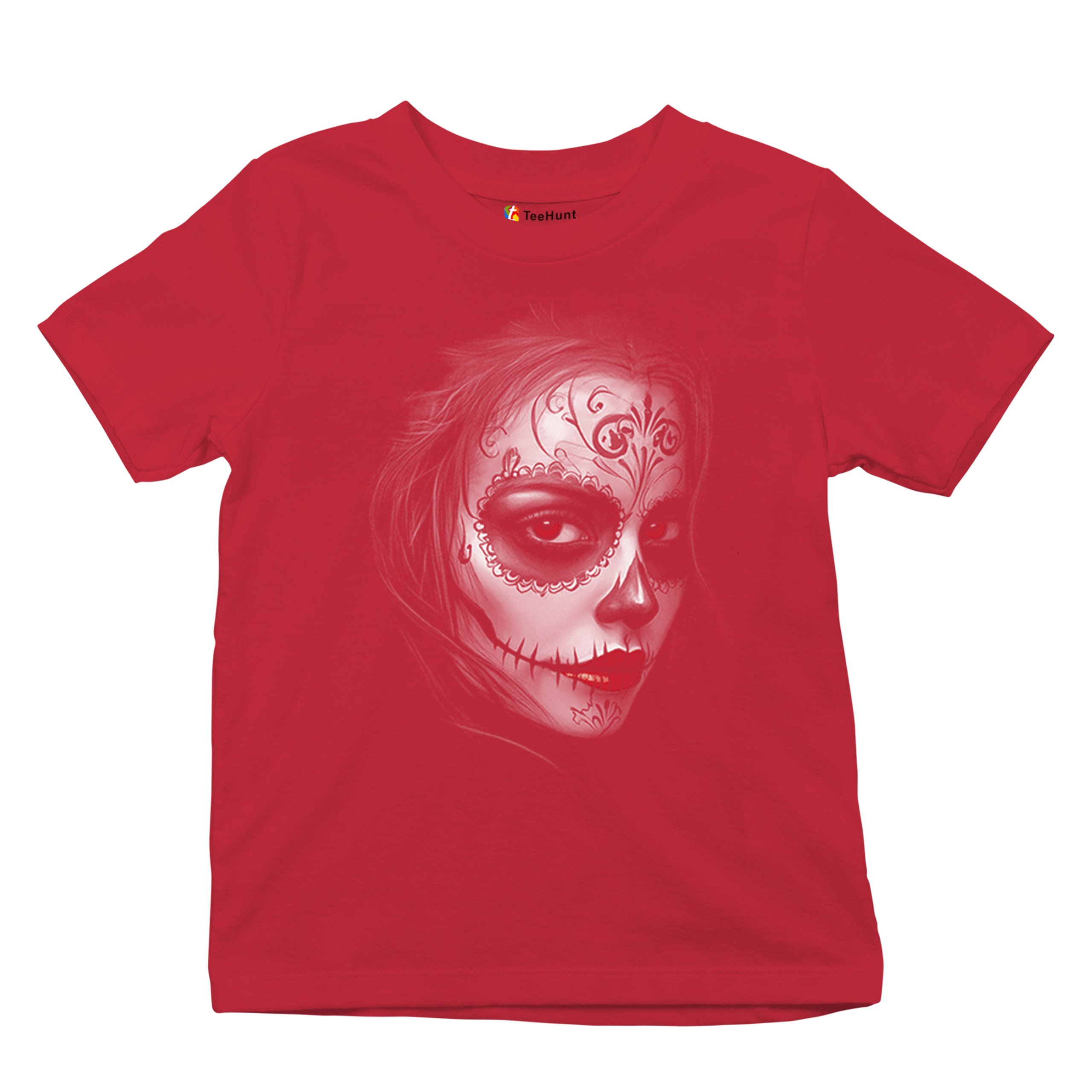 Sugar Skull Portrait Youth T-shirt Gothic Beauty Red Lips Day of the Dead Kids - Picture 20 of 50