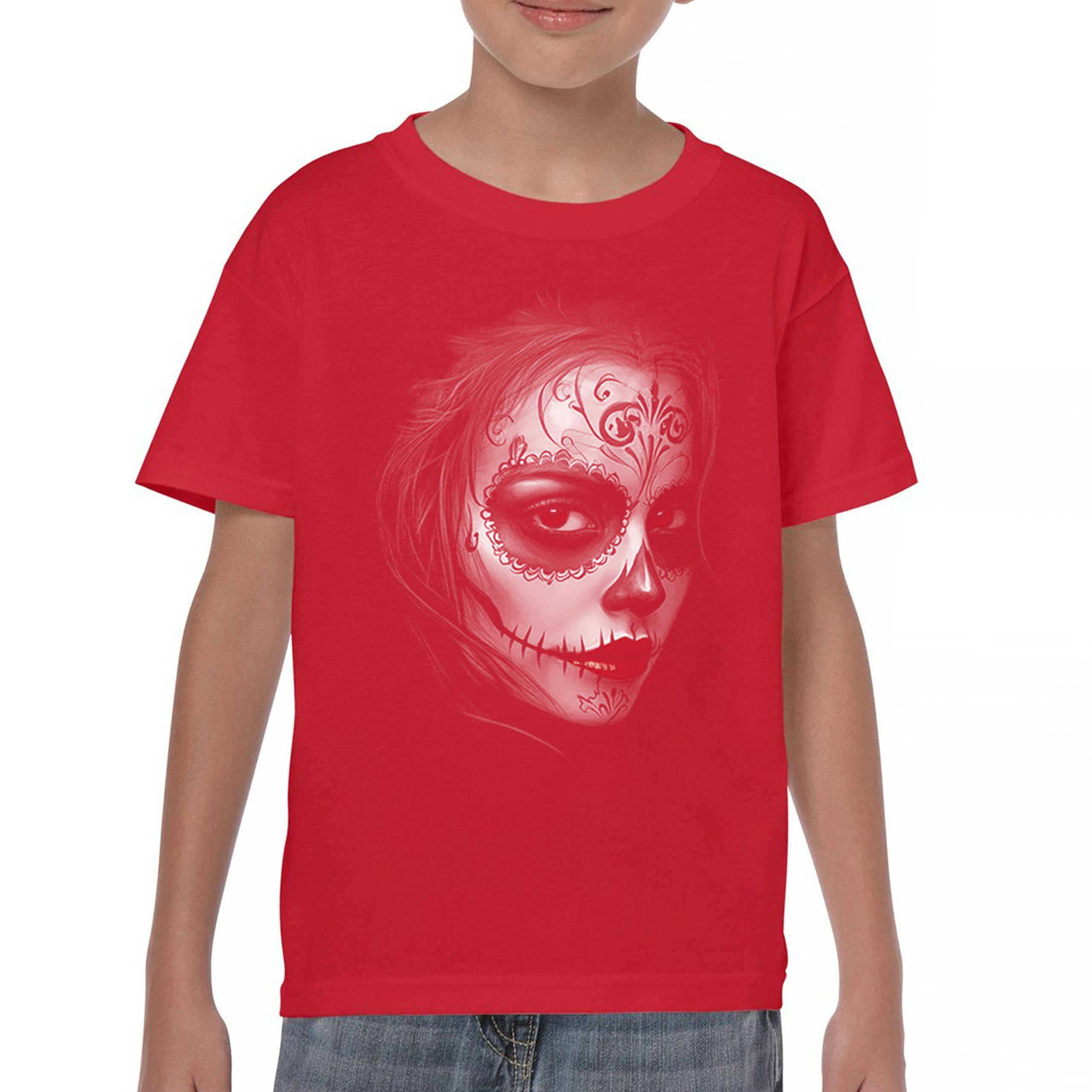 Sugar Skull Portrait Youth T-shirt Gothic Beauty Red Lips Day of the Dead Kids - Picture 16 of 50