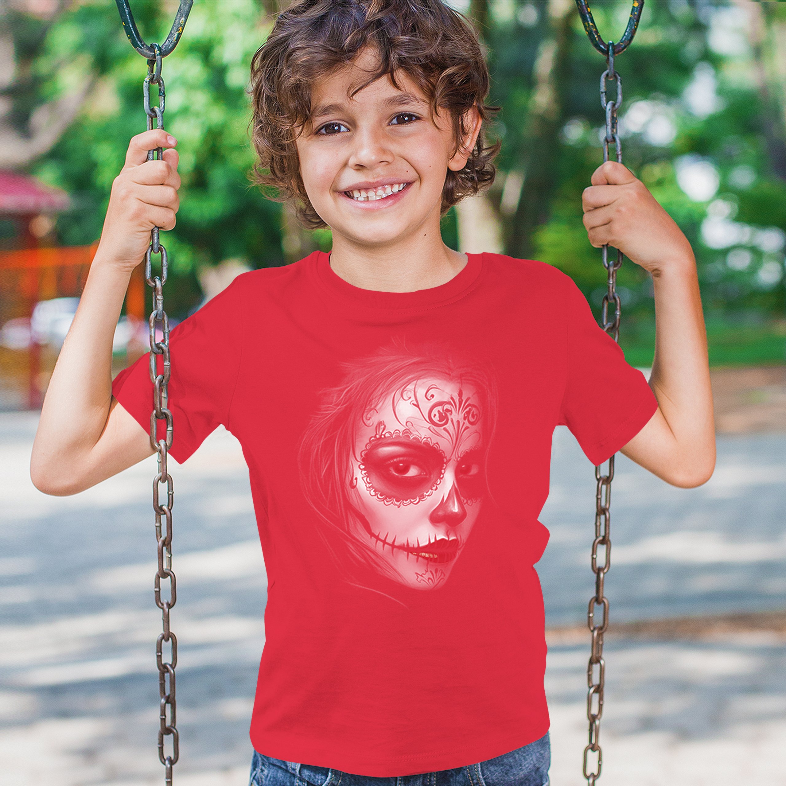 Sugar Skull Portrait Youth T-shirt Gothic Beauty Red Lips Day of the Dead Kids - Picture 19 of 50
