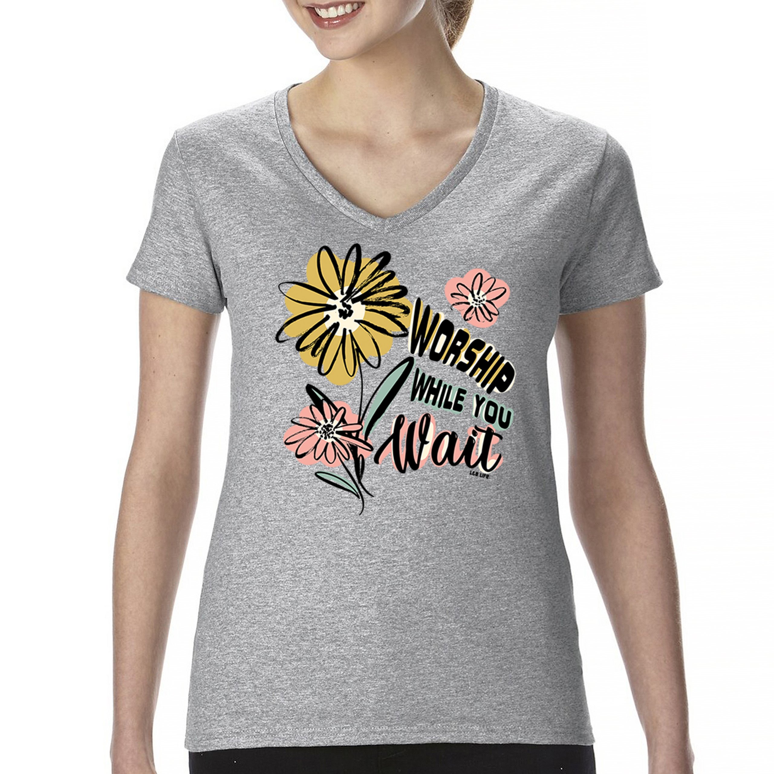 Worship While You Wait Women's V-Neck T-shirt Cute Christian