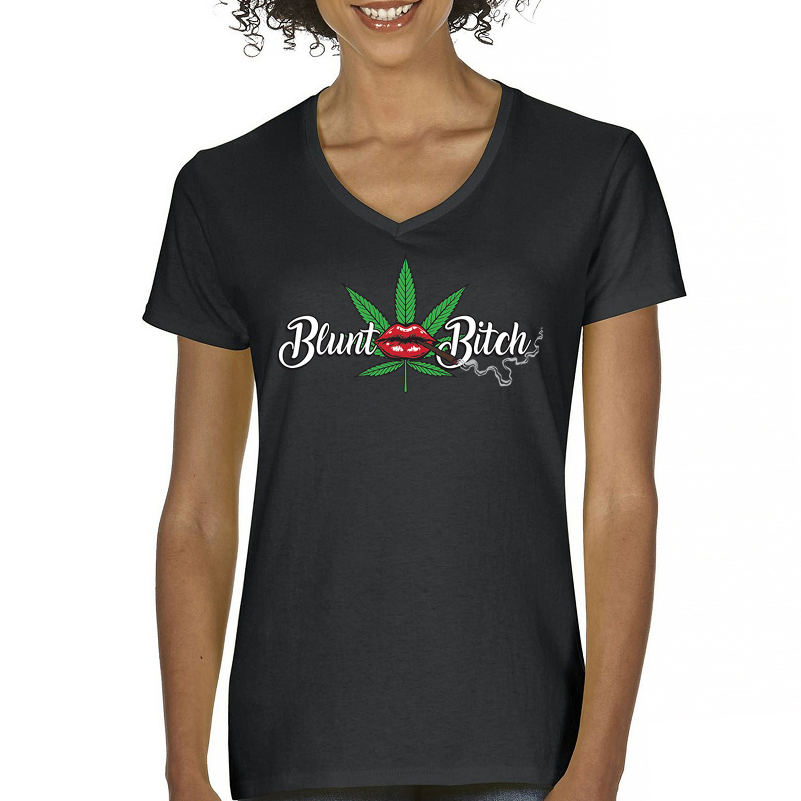 Blunt Bitch Weed Women’s V-Neck T-shirt Cannabis Lips Stoner 420 Marijuana Tee