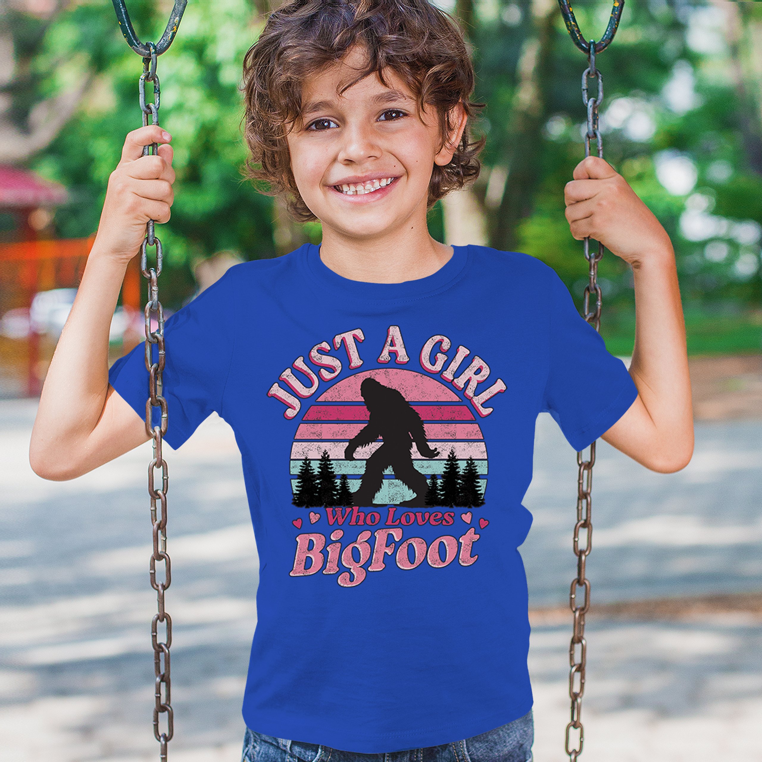 Girl Who Loves Bigfoot Youth T-shirt Sasquatch Cute Gift Vintage Sunset Kids - Picture 40 of 50