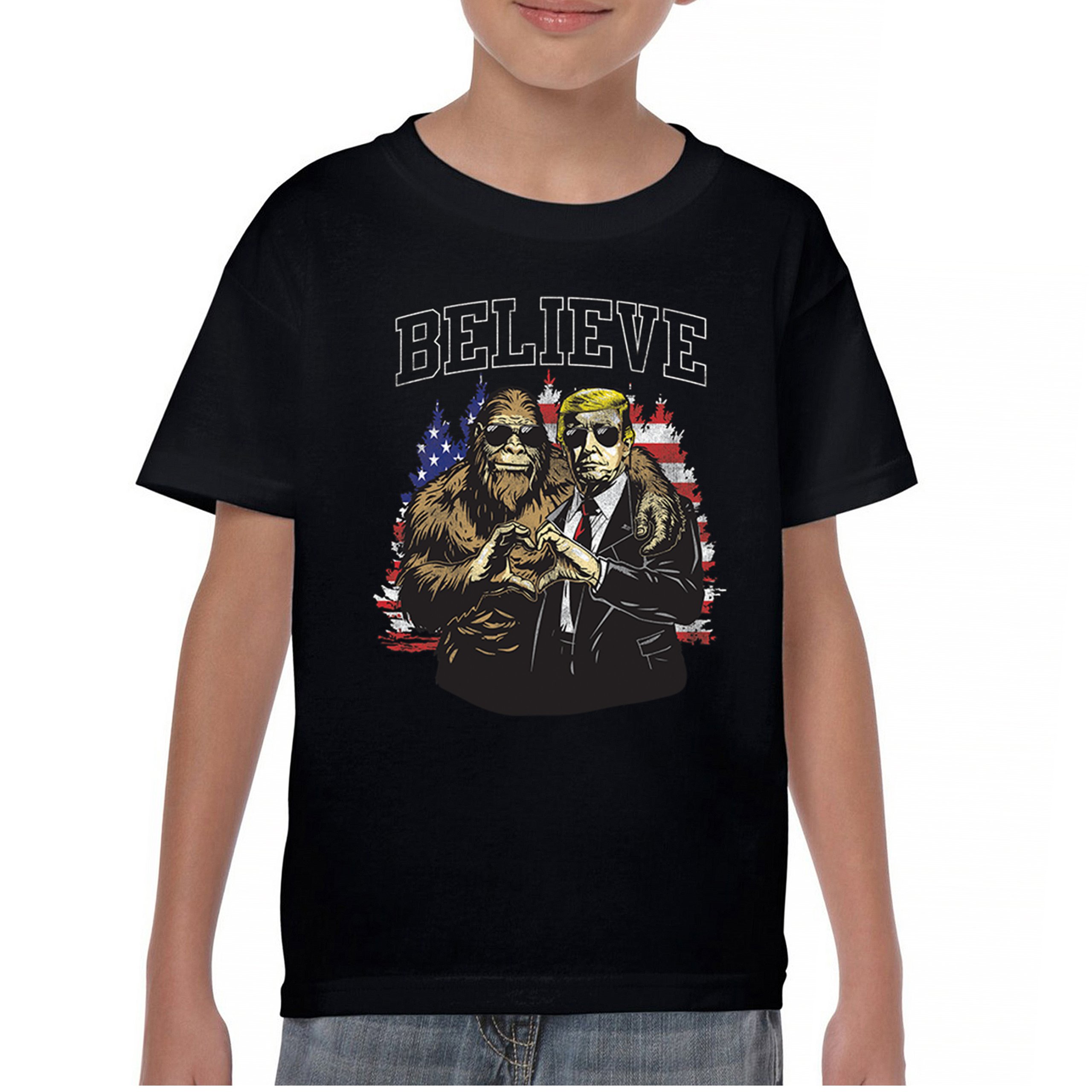 Bigfoot Endorsed Trump 24 Youth T-shirt President Sasquatch Believe MAGA Kids - Picture 2 of 50