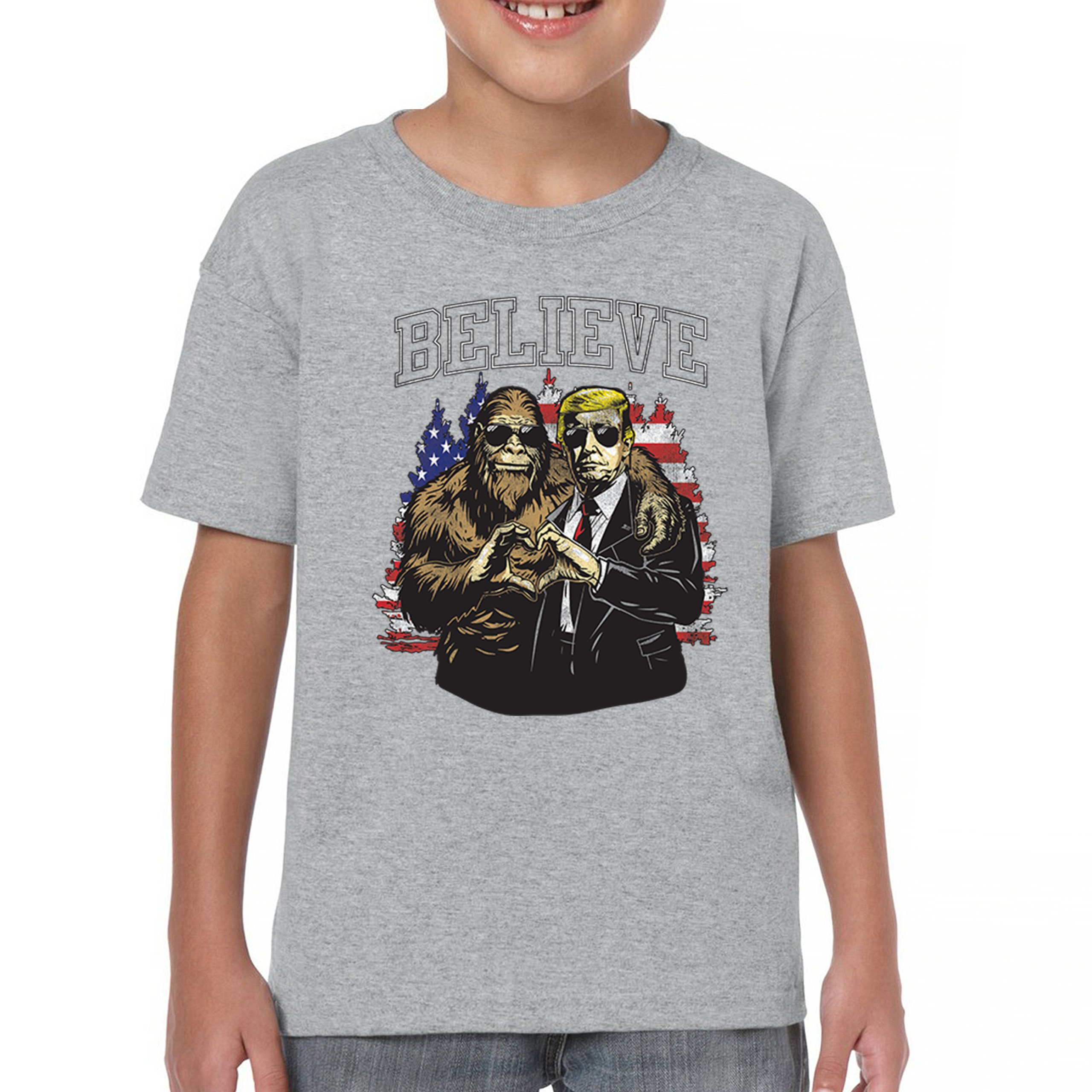Bigfoot Endorsed Trump 24 Youth T-shirt President Sasquatch Believe MAGA Kids - Picture 9 of 50