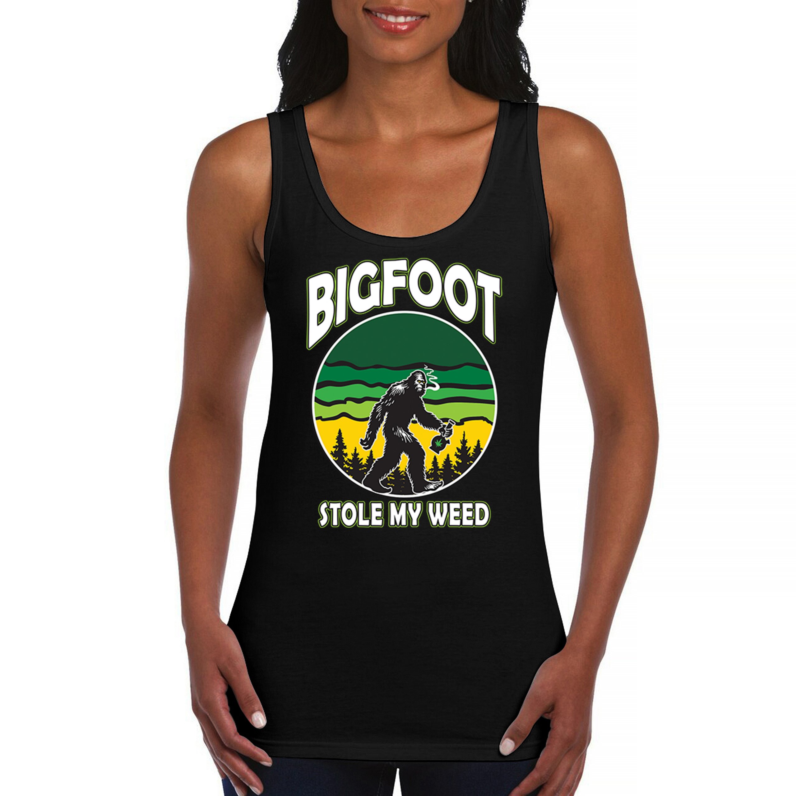 Bigfoot Stole My Weed Women’s Tank Top Funny Smoking Sasquatch 420 Cannabis