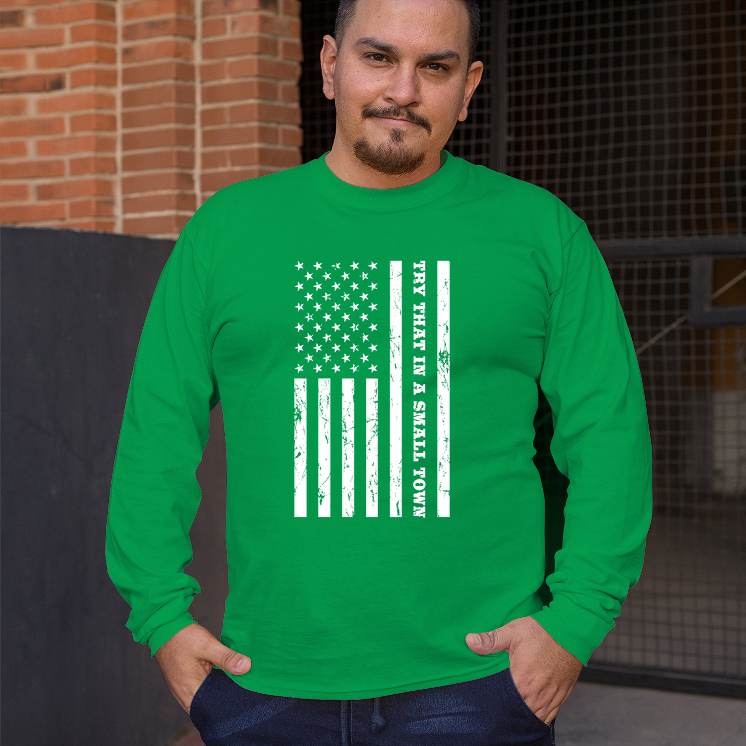 Try That In A Small Town Grunge American Flag Long Sleeve T-shirt Patriotic - Picture 40 of 71