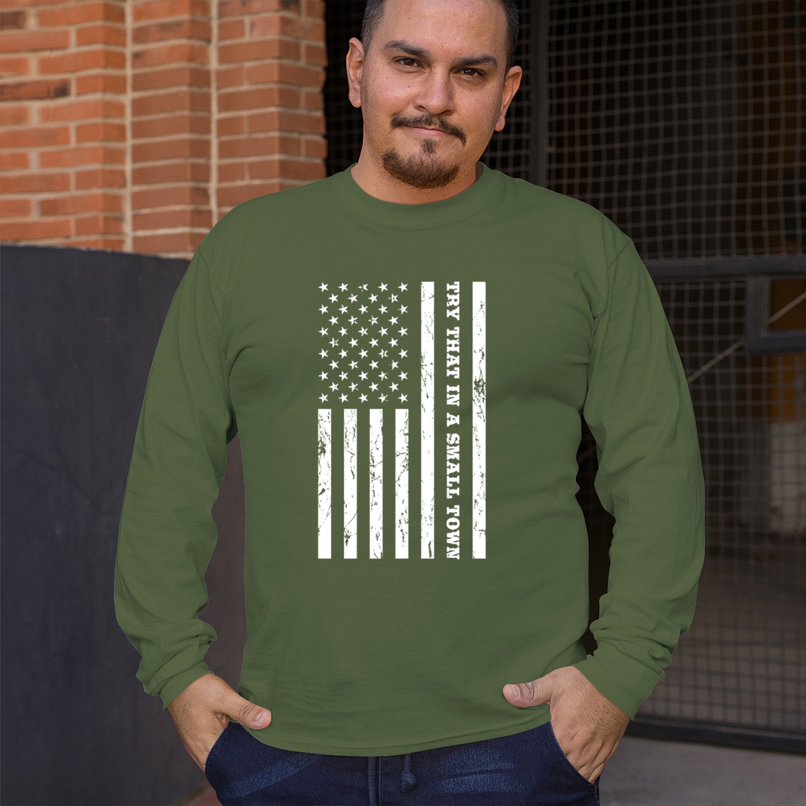 Try That In A Small Town Grunge American Flag Long Sleeve T-shirt Patriotic - Picture 47 of 71