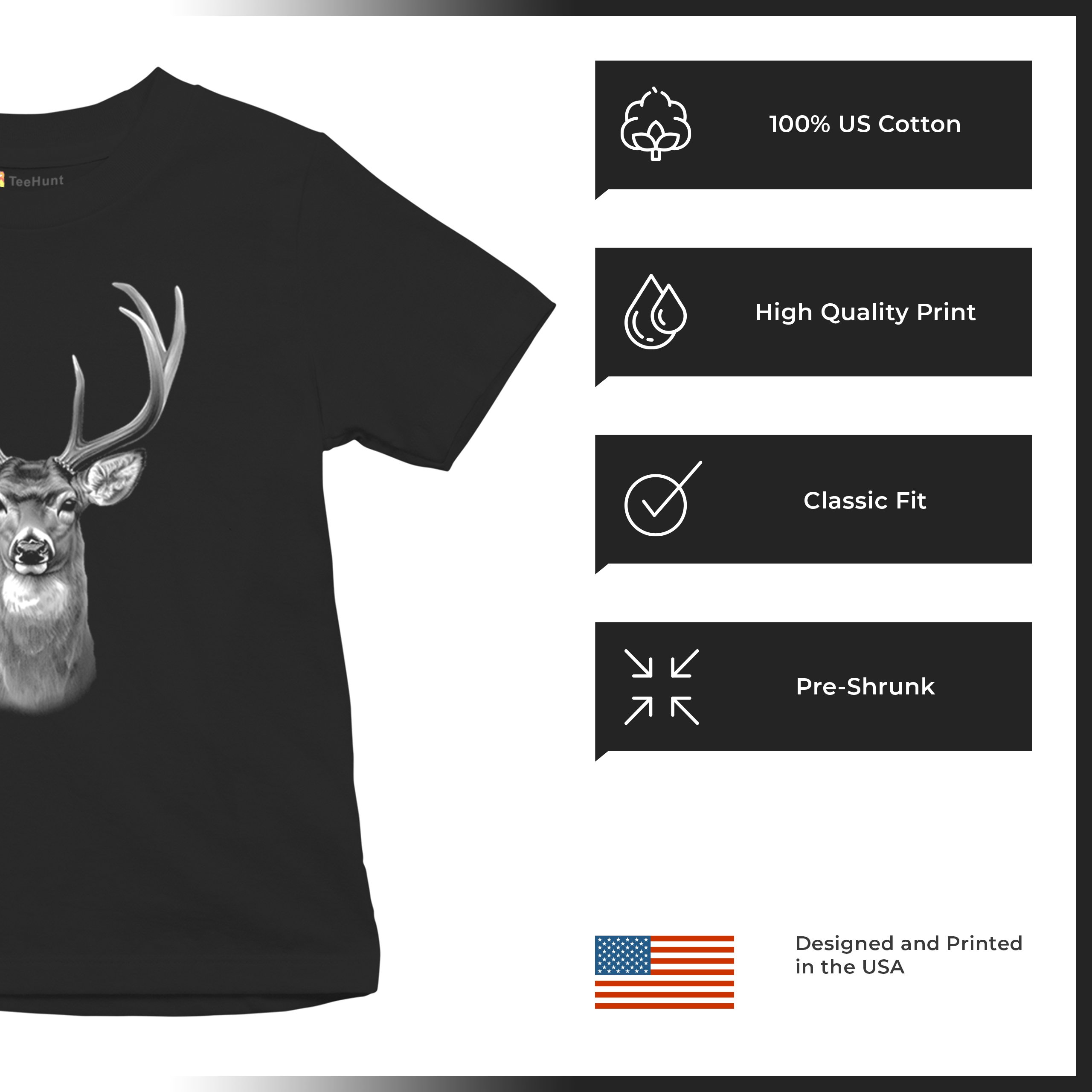 Deer Portrait Youth T-shirt Monochrome Buck Head Forest Nature Wildlife Kids - Picture 7 of 8