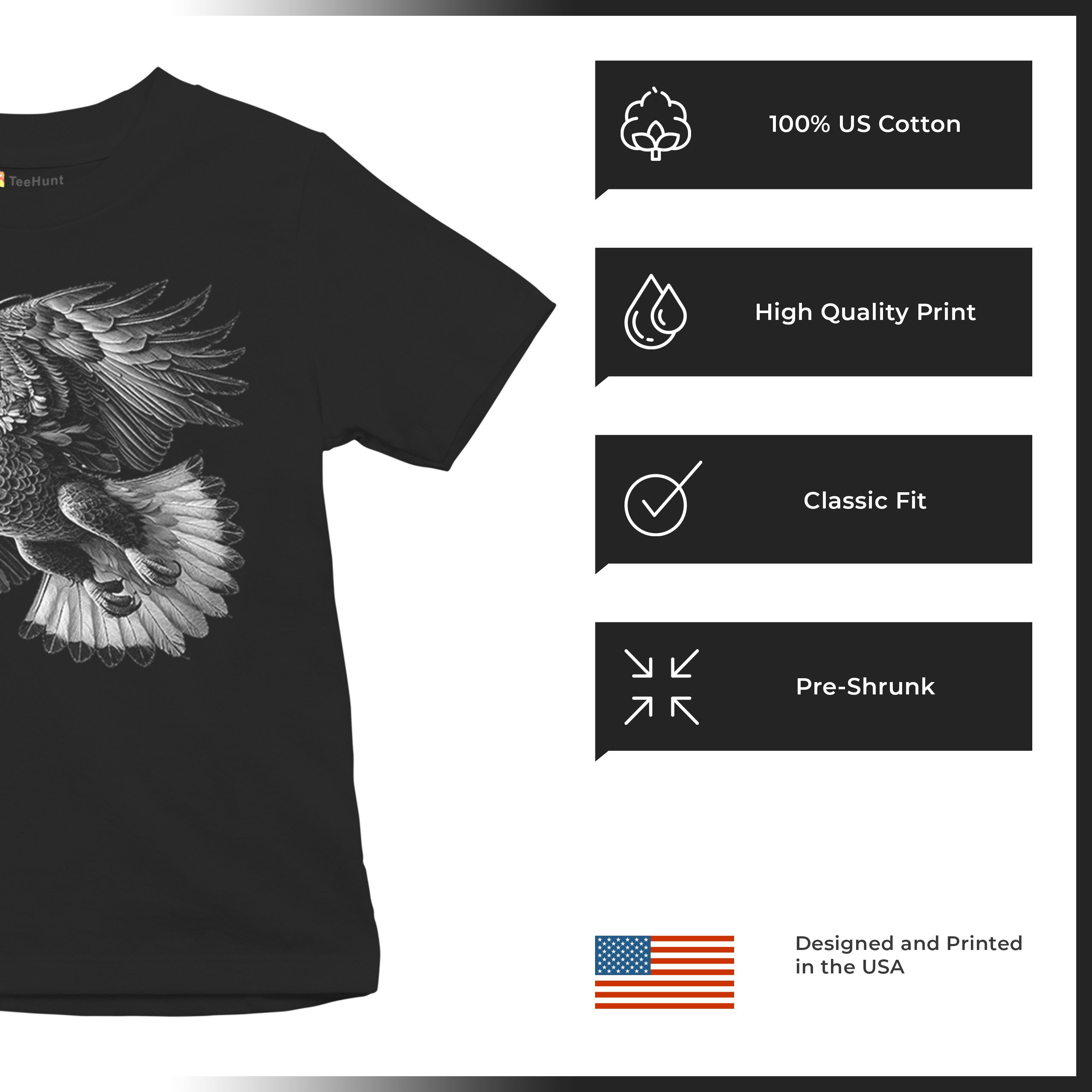 Flying Eagle Portrait Youth T-shirt Soaring Bird Wings Wildlife Nature Kids - Picture 7 of 8