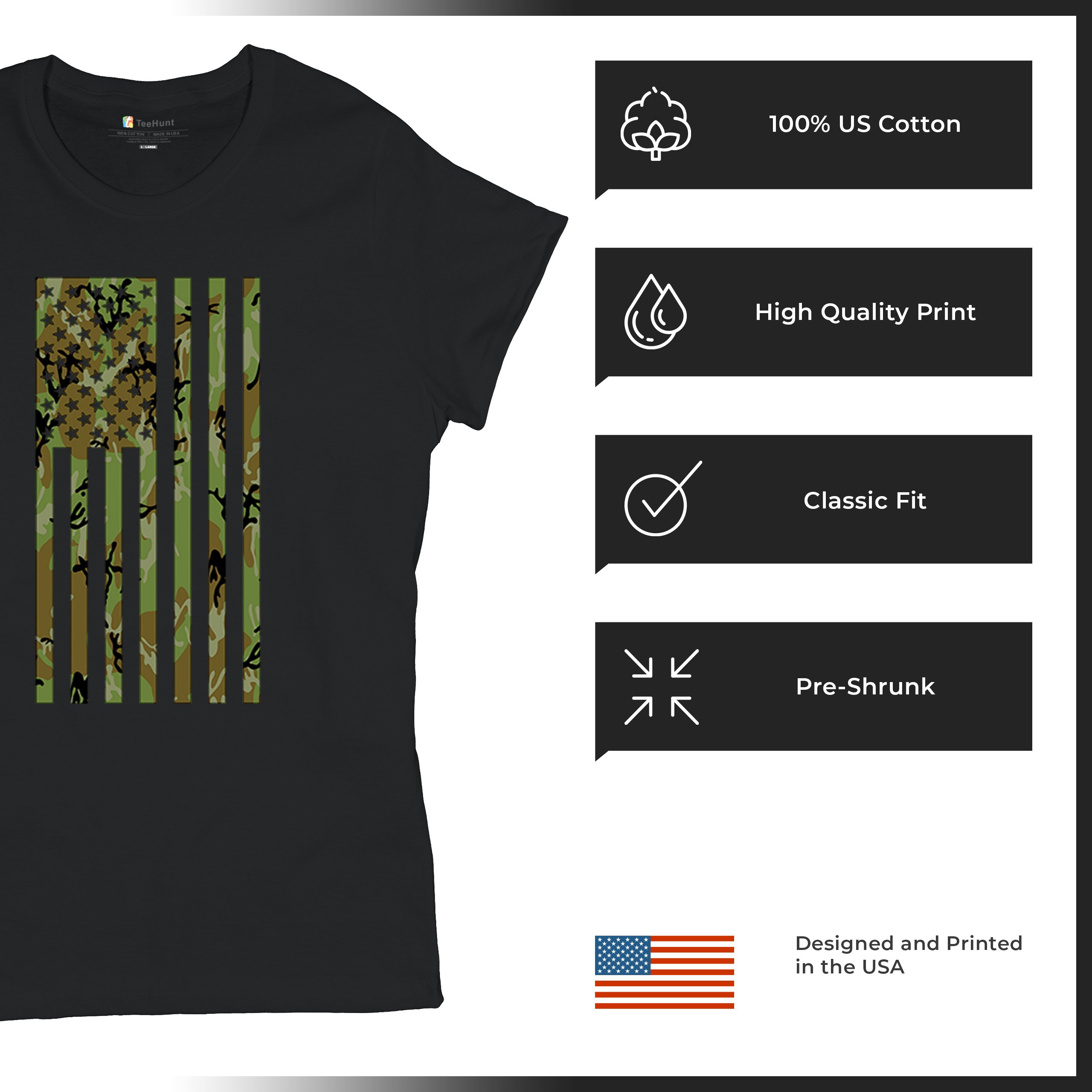 Camo American Flag T-Shirt US Military Proud Army Veteran Patriotic Women's Tee - 第 7/50 張圖片