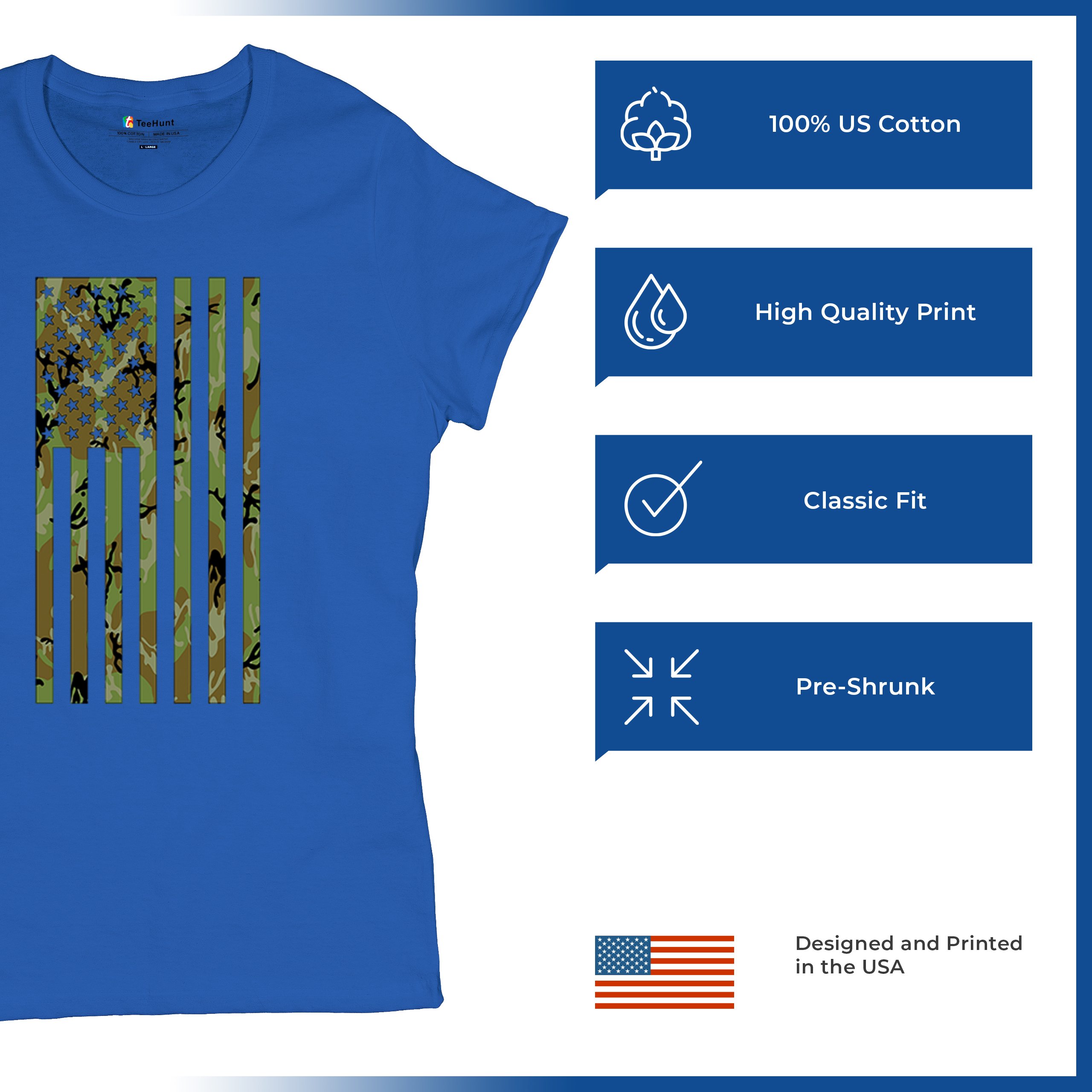 Camo American Flag T-Shirt US Military Proud Army Veteran Patriotic Women's Tee - 第 35/50 張圖片