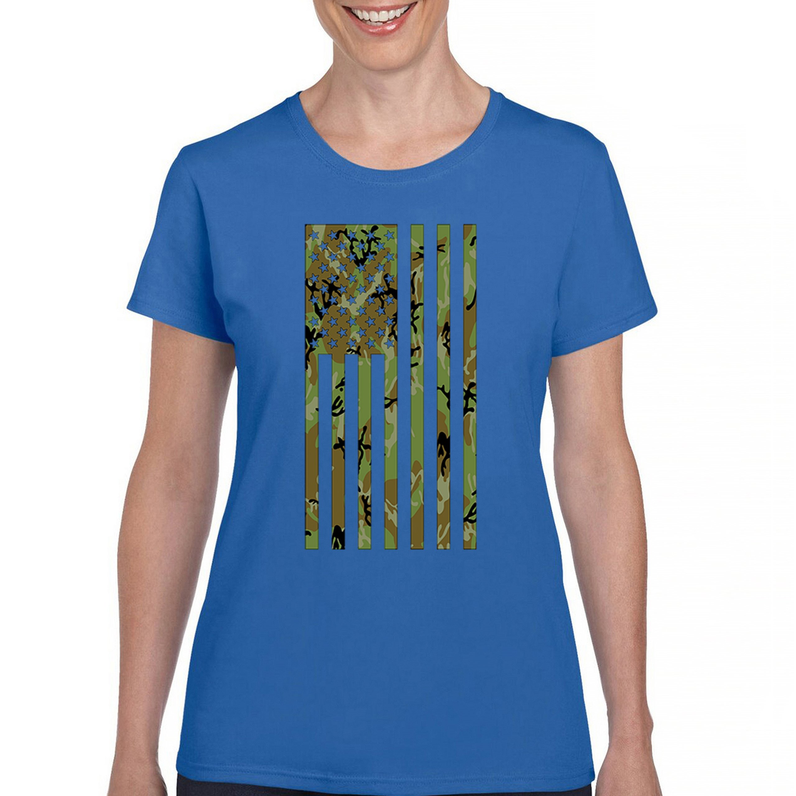 Camo American Flag T-Shirt US Military Proud Army Veteran Patriotic Women's Tee - 第 30/50 張圖片