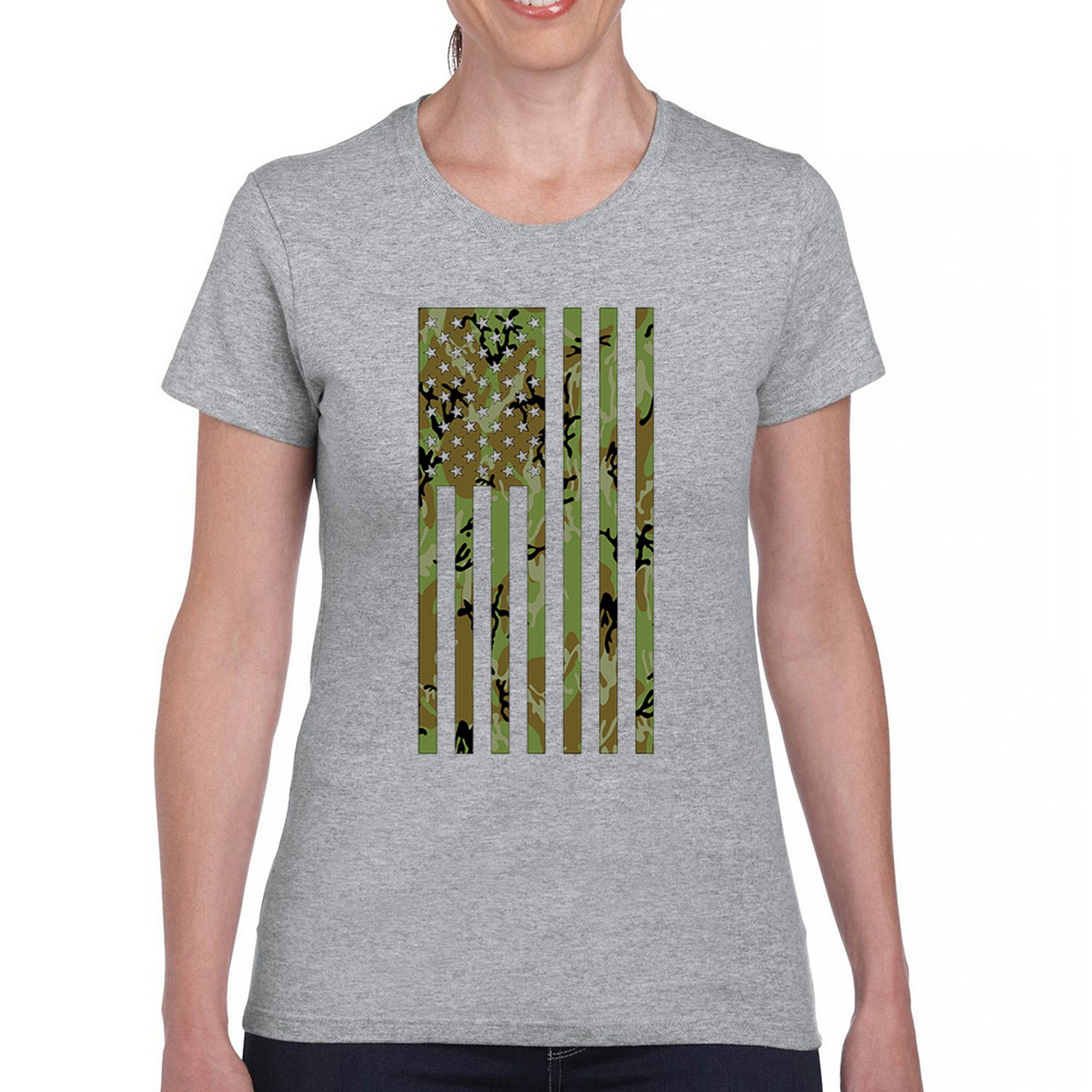Camo American Flag T-Shirt US Military Proud Army Veteran Patriotic Women's Tee - 第 9/50 張圖片