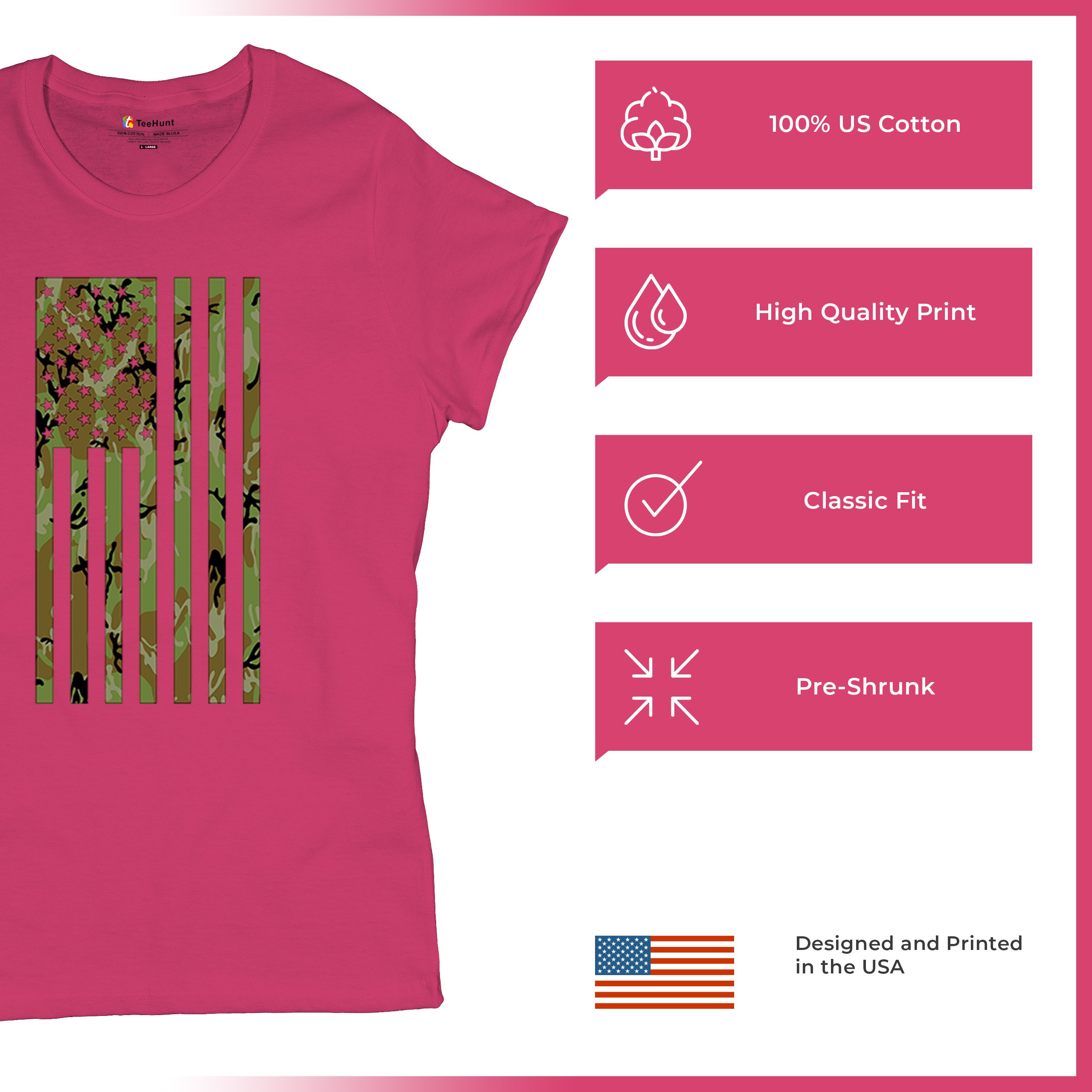 Camo American Flag T-Shirt US Military Proud Army Veteran Patriotic Women's Tee - 第 49/50 張圖片