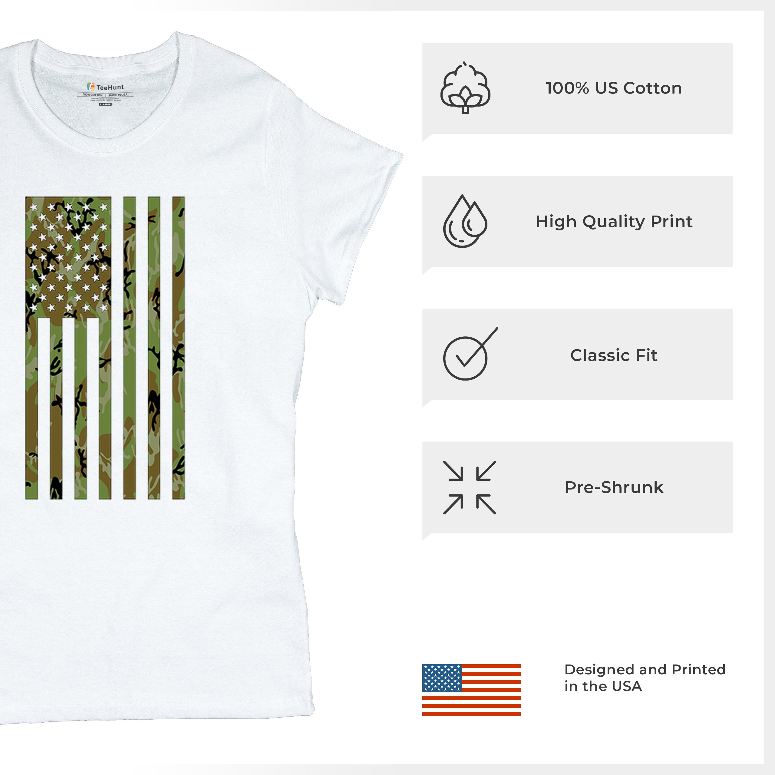 Camo American Flag T-Shirt US Military Proud Army Veteran Patriotic Women's Tee - 第 28/50 張圖片