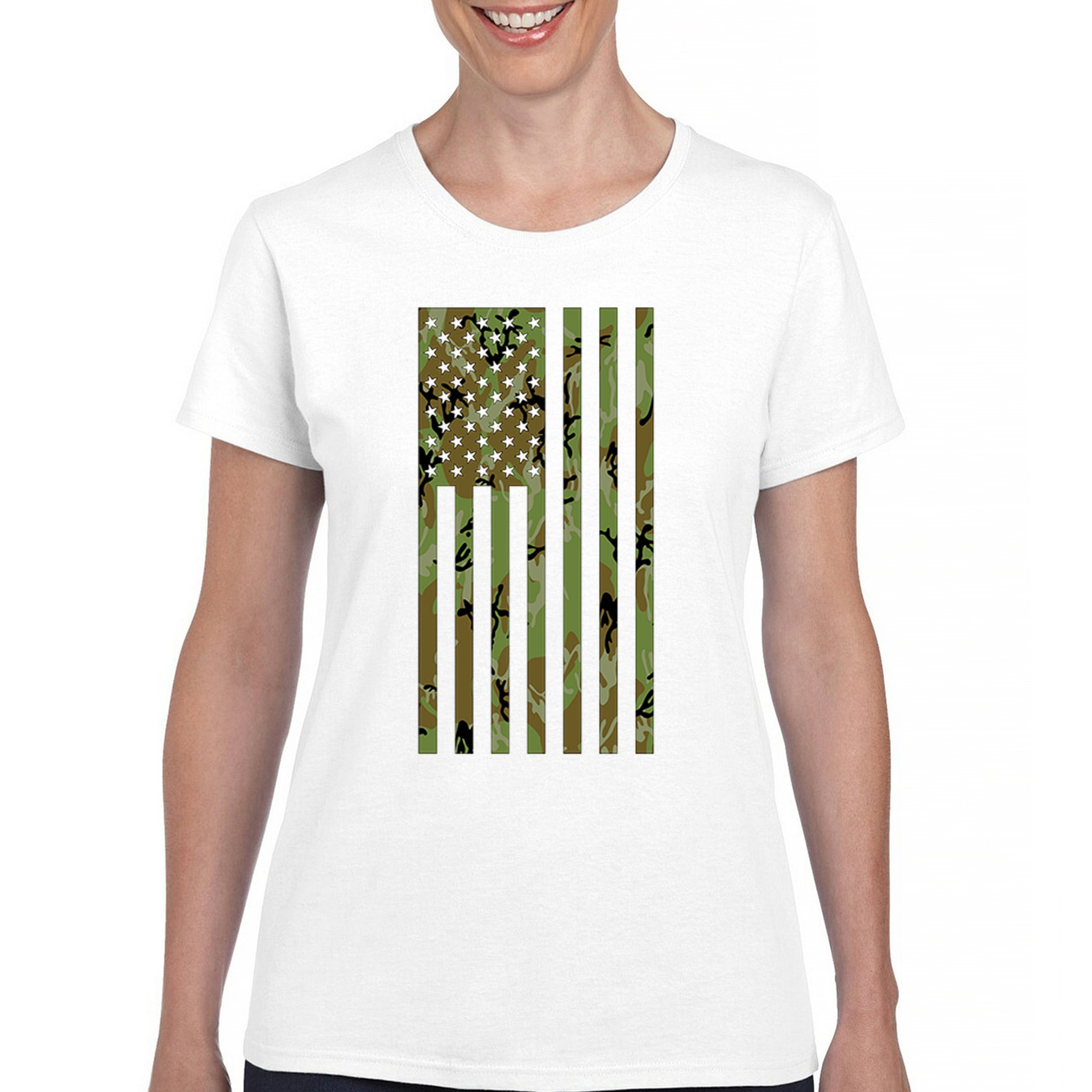 Camo American Flag T-Shirt US Military Proud Army Veteran Patriotic Women's Tee - 第 23/50 張圖片