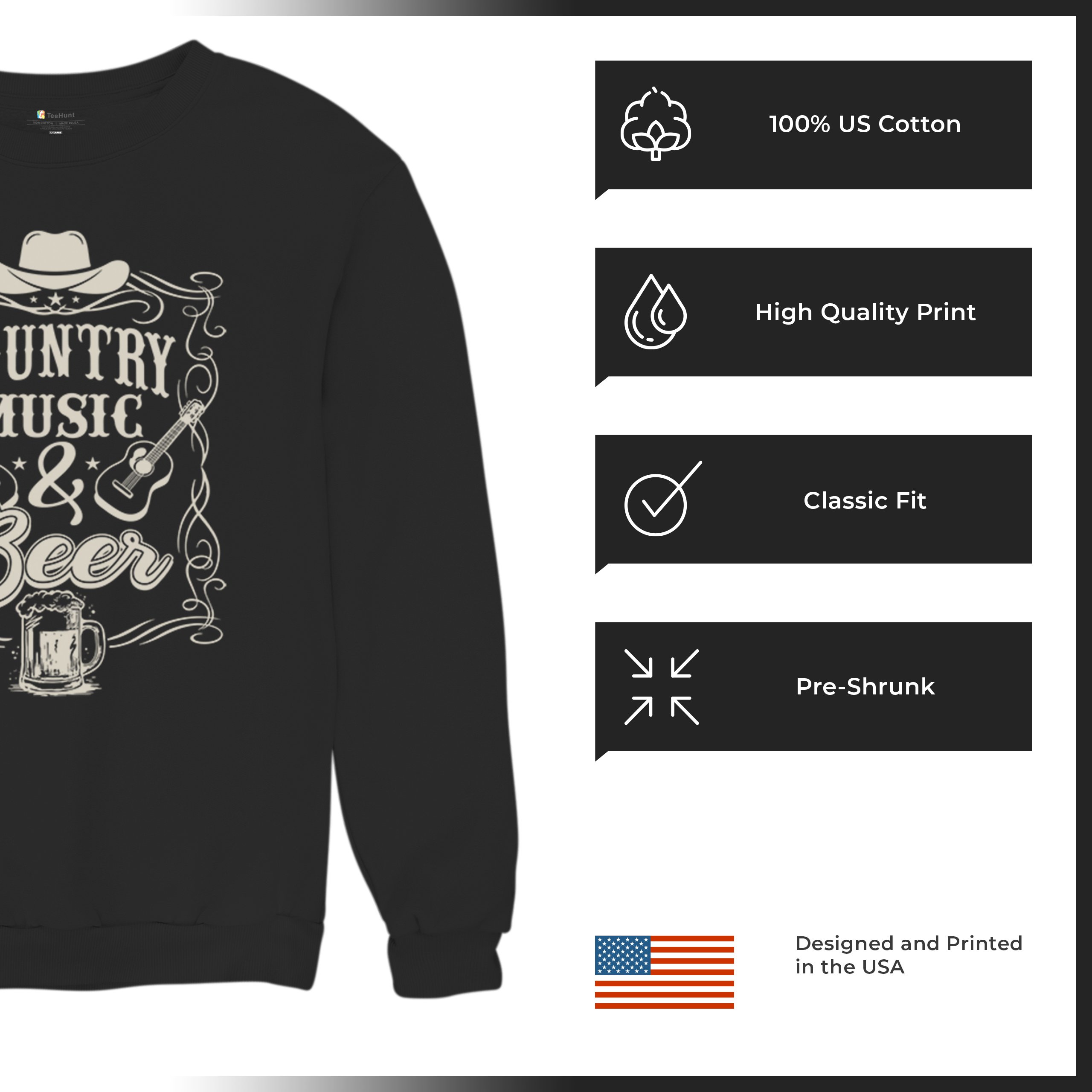 Country Music And Beer Sweatshirt Western Guitar Foamy Beer Mug Humor Crewneck - Picture 7 of 43