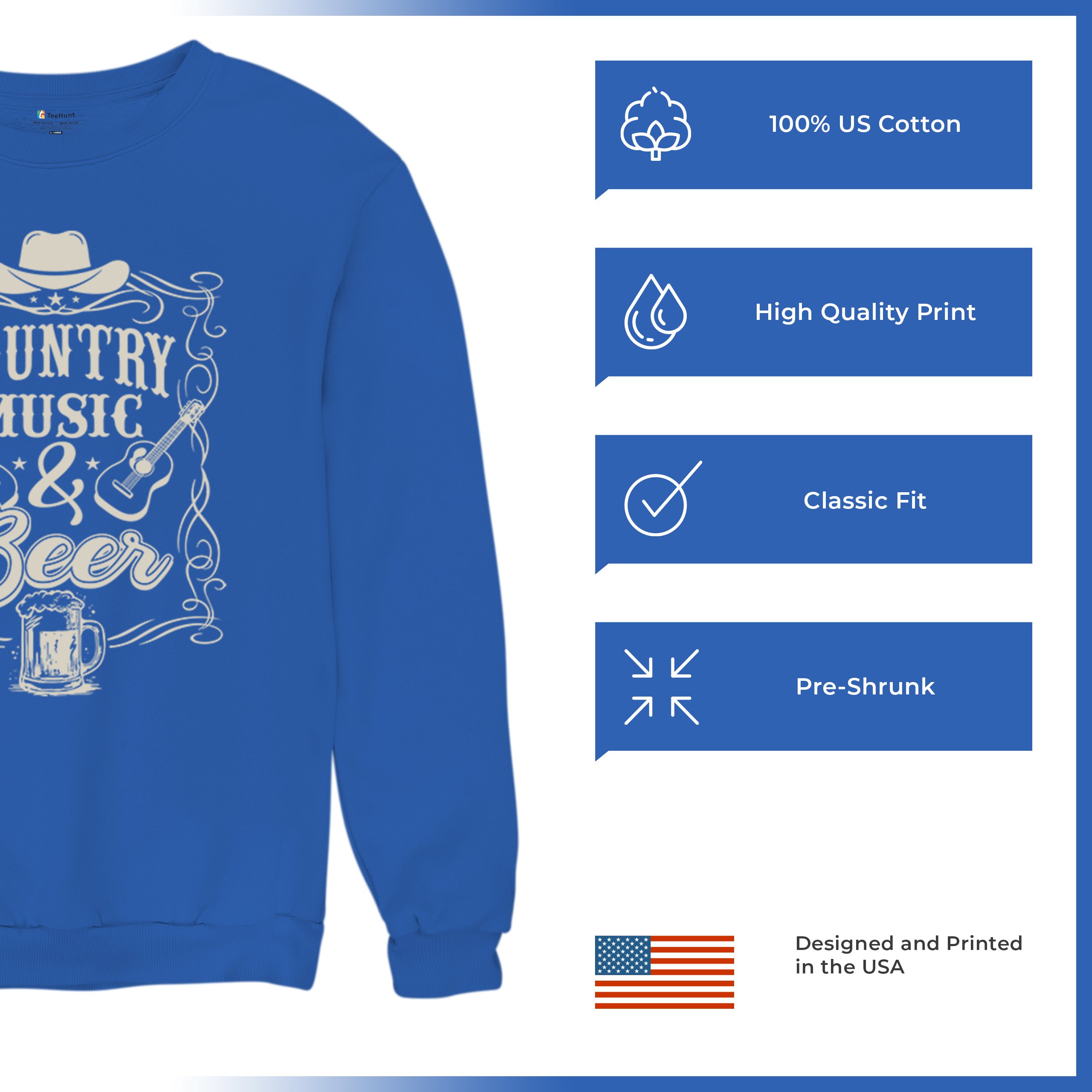 Country Music And Beer Sweatshirt Western Guitar Foamy Beer Mug Humor Crewneck - Picture 42 of 43