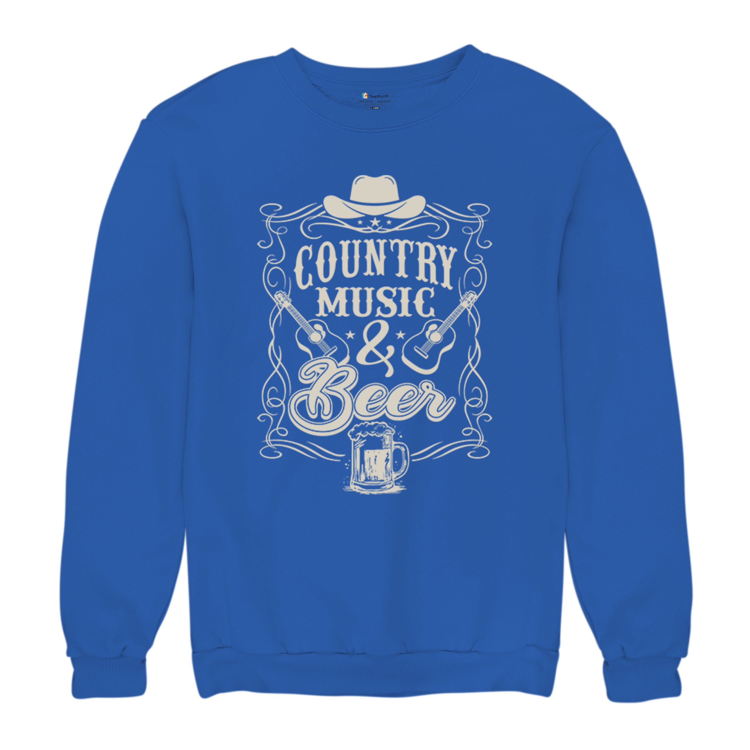 Country Music And Beer Sweatshirt Western Guitar Foamy Beer Mug Humor Crewneck - Picture 41 of 43