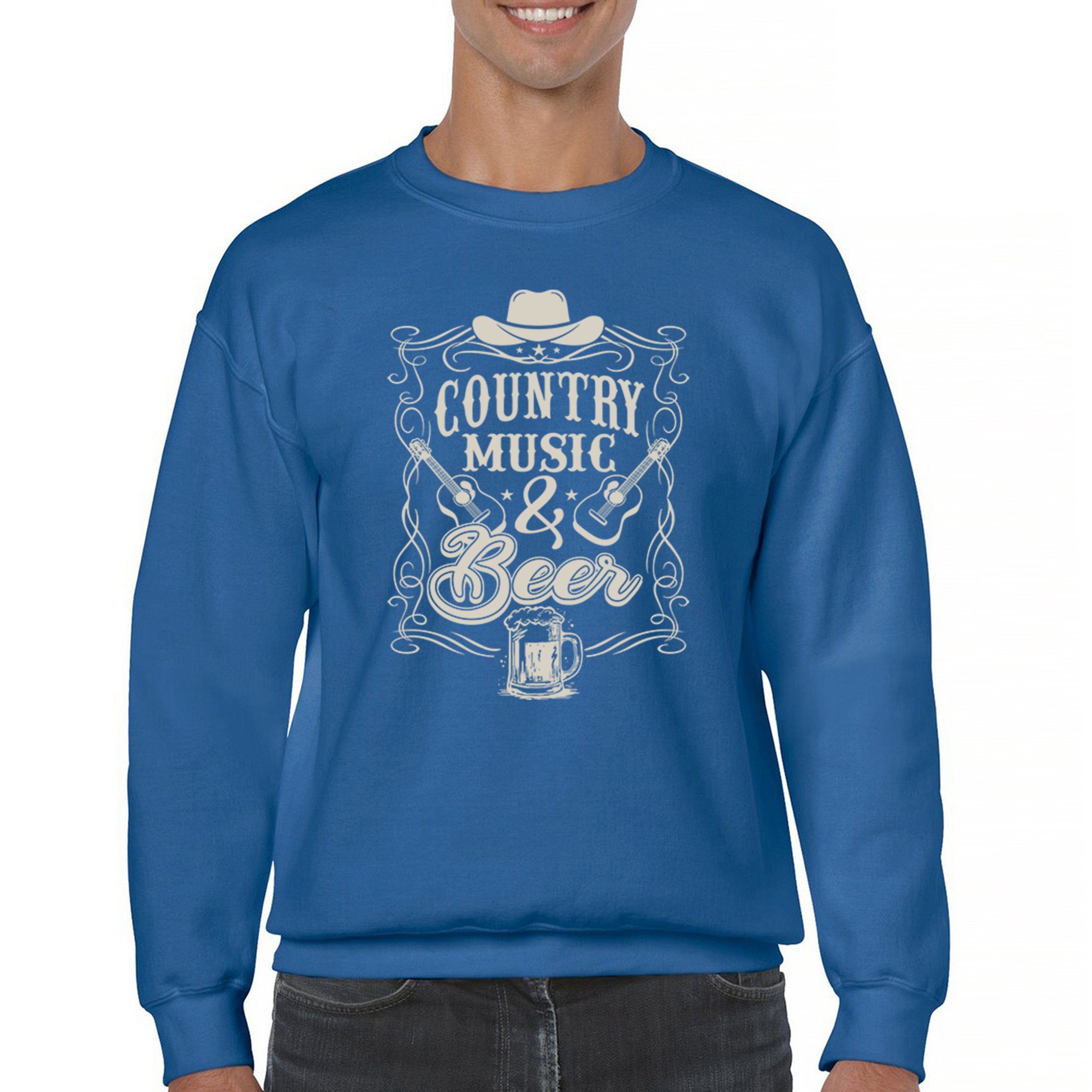 Country Music And Beer Sweatshirt Western Guitar Foamy Beer Mug Humor Crewneck - Picture 37 of 43