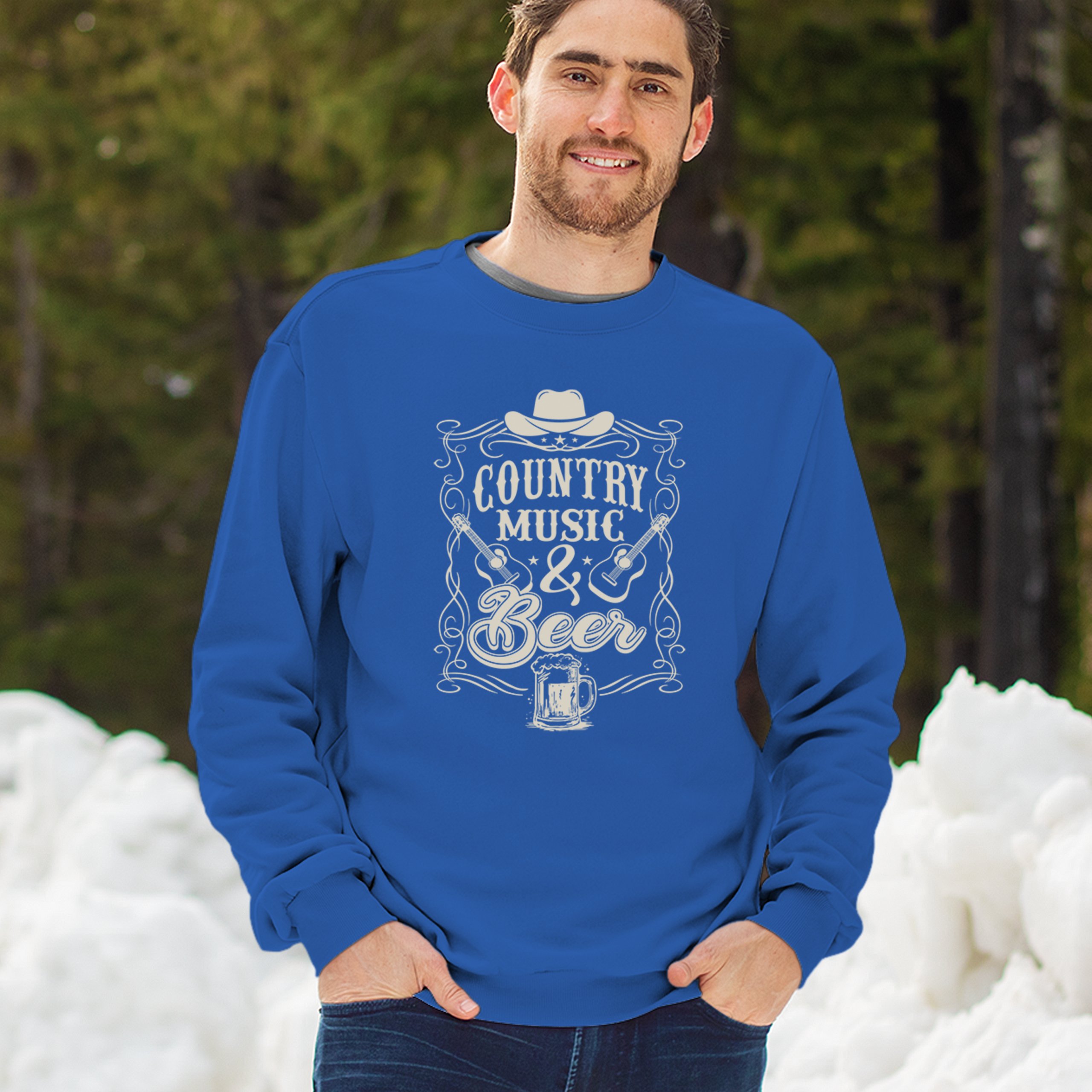 Country Music And Beer Sweatshirt Western Guitar Foamy Beer Mug Humor Crewneck - Picture 40 of 43