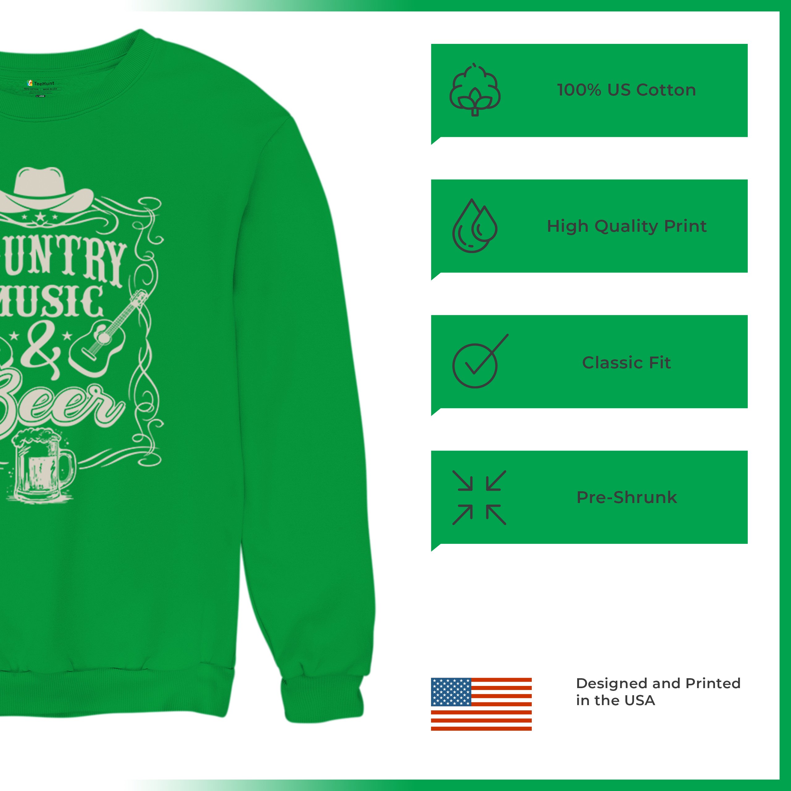 Country Music And Beer Sweatshirt Western Guitar Foamy Beer Mug Humor Crewneck - Picture 35 of 43