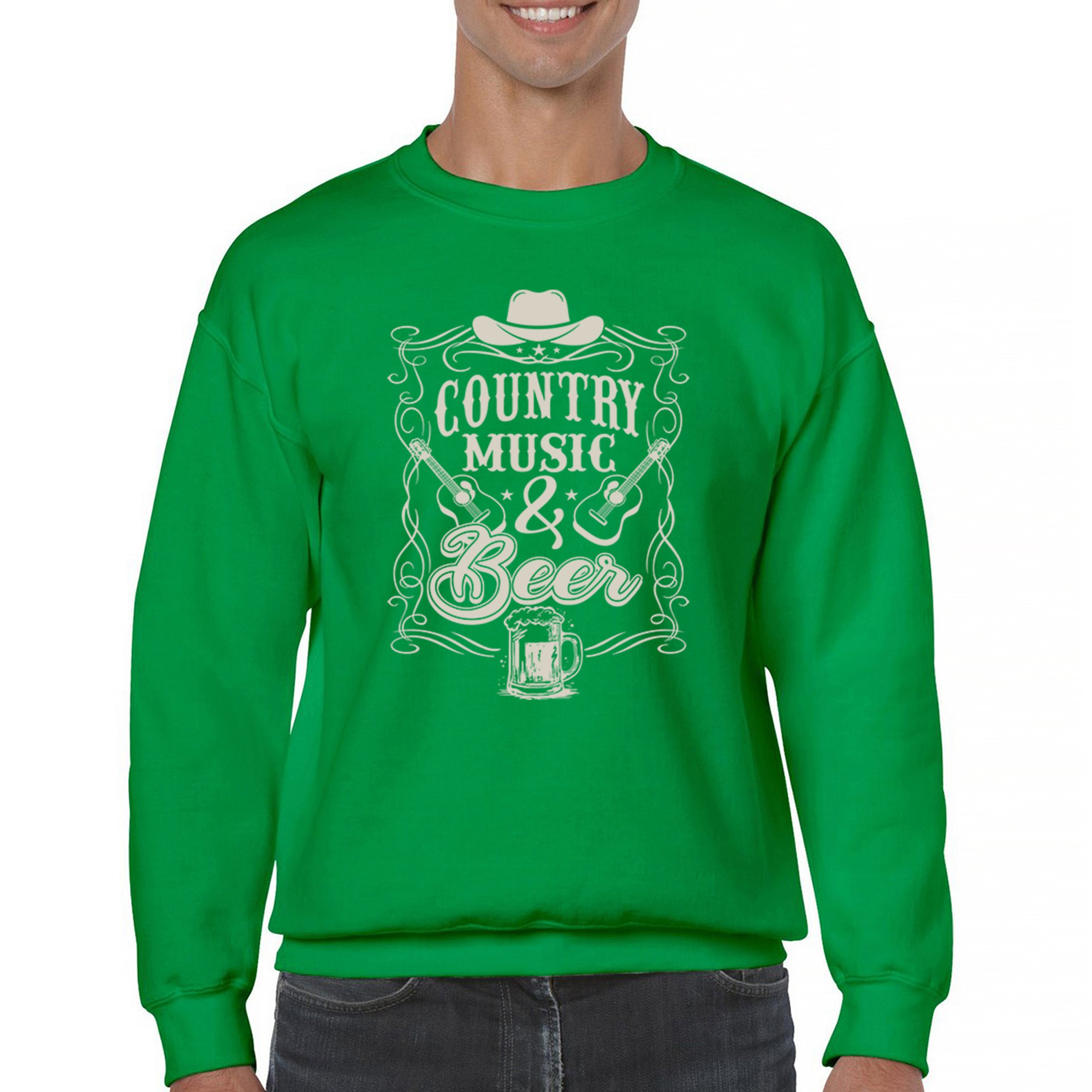 Country Music And Beer Sweatshirt Western Guitar Foamy Beer Mug Humor Crewneck - Picture 30 of 43