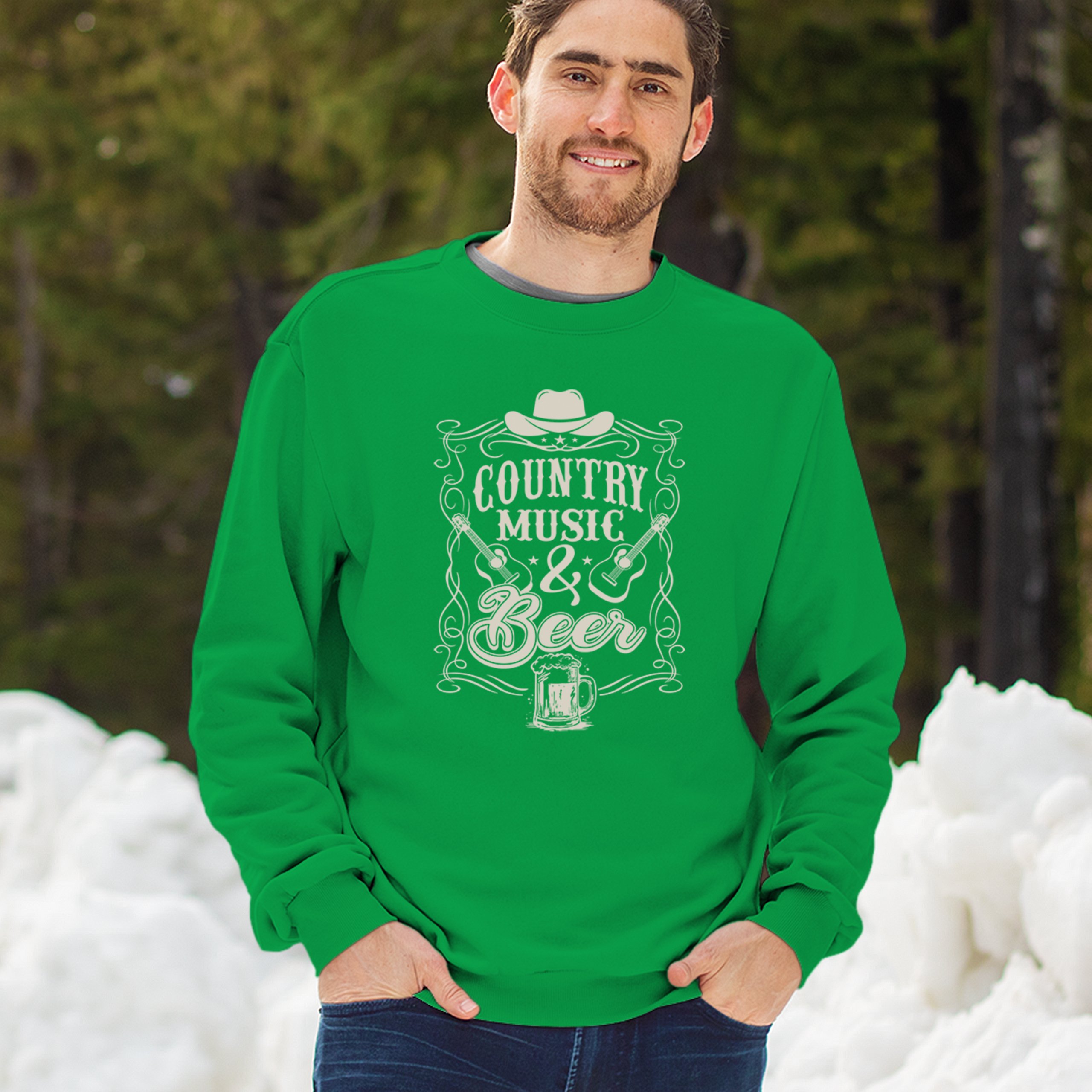 Country Music And Beer Sweatshirt Western Guitar Foamy Beer Mug Humor Crewneck - Picture 33 of 43