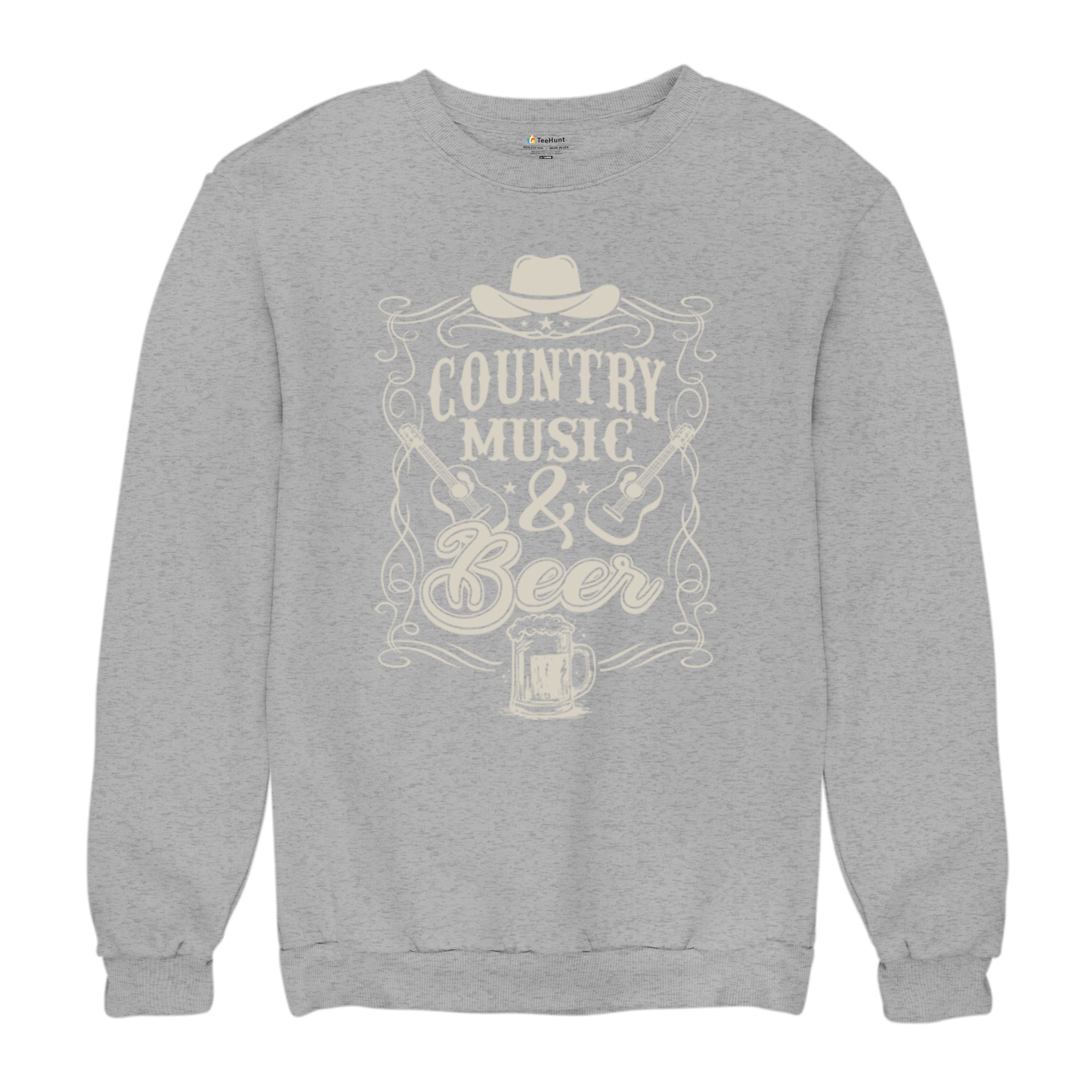 Country Music And Beer Sweatshirt Western Guitar Foamy Beer Mug Humor Crewneck - Picture 13 of 43