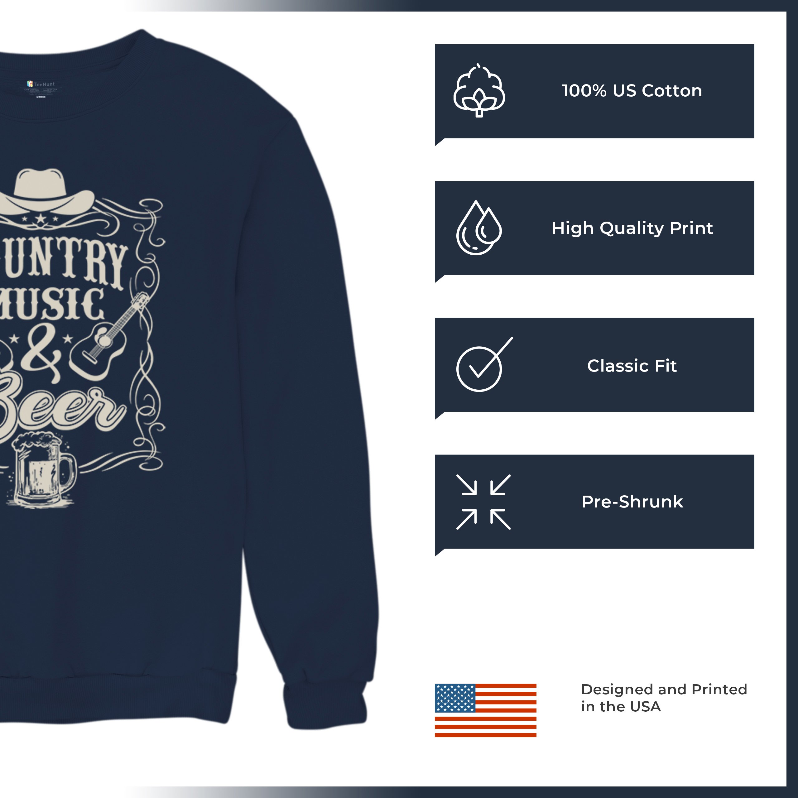 Country Music And Beer Sweatshirt Western Guitar Foamy Beer Mug Humor Crewneck - Picture 28 of 43