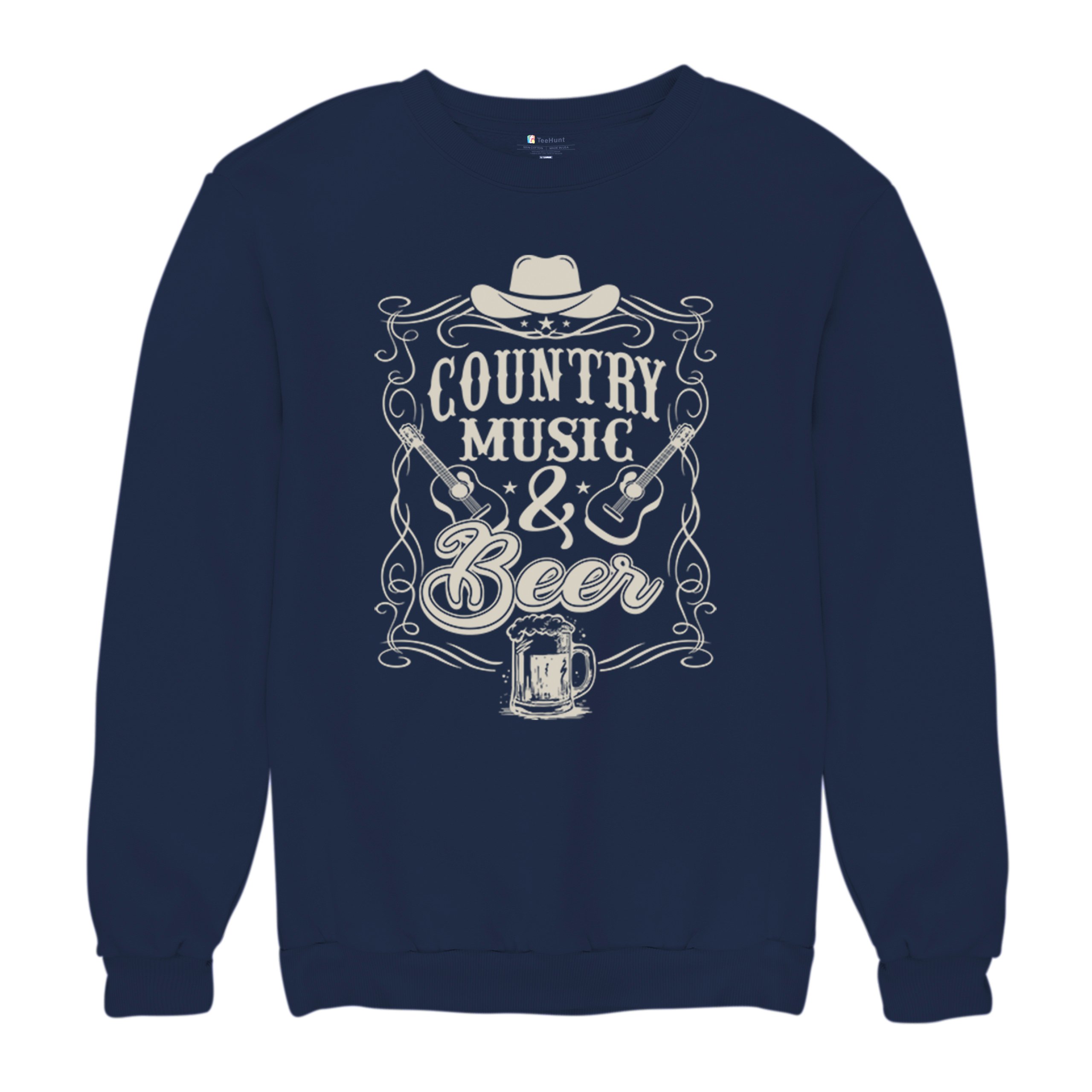 Country Music And Beer Sweatshirt Western Guitar Foamy Beer Mug Humor Crewneck - Picture 27 of 43